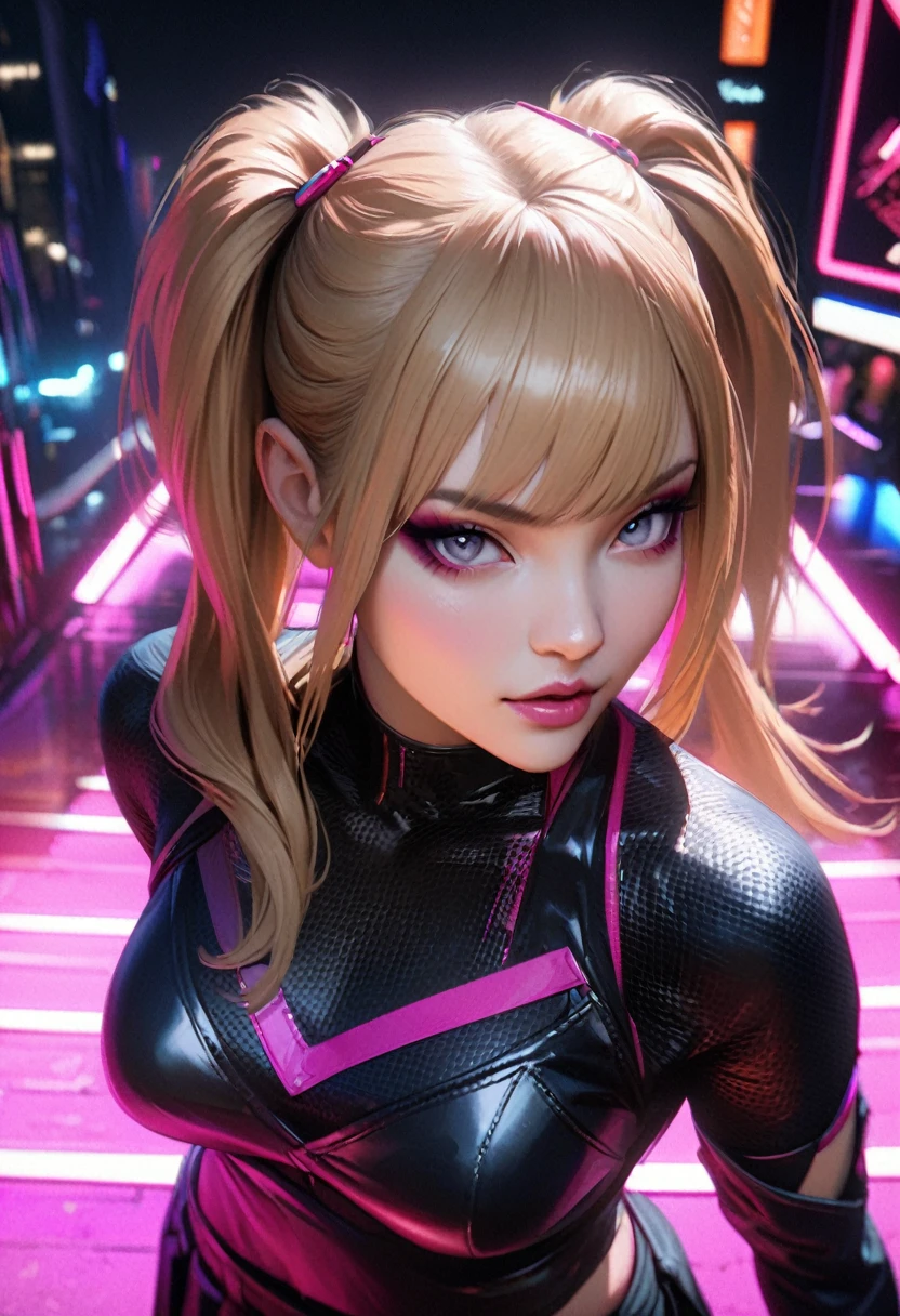 8k, ((Full Body Portrait)) ,masterpiece、Realistic:1.2, Realistic, Ultra-high resolution, ultra-quality, ultra-detailed, ultra-realistic, highest quality, (Solo, 1girl), (Masterpiece, Detailed, 4k), perfect face, perfect lips, perfect makeup, dark eyeshadow, Unreal Engine 5, (Full Body Portrait), absurd resolution, high resolution, sharp image, vibrant colors, Synthwave colors, Vaporwave colors, ((sexy Female Ninja)) with ((blonde hair, two ponytails in hair)), (pleated skirt), neon lights, night sky, neon city, katana, shuriken, kunai leg straps, sexy, beautiful