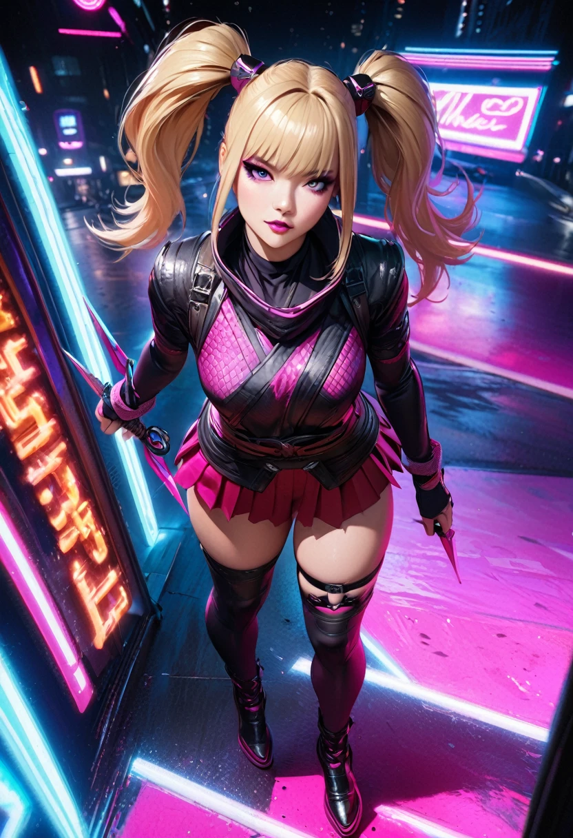 8k, ((Full Body Portrait)) ,masterpiece、Realistic:1.2, Realistic, Ultra-high resolution, ultra-quality, ultra-detailed, ultra-realistic, highest quality, (Solo, 1girl), (Masterpiece, Detailed, 4k), perfect face, perfect lips, perfect makeup, dark eyeshadow, Unreal Engine 5, (Full Body Portrait), absurd resolution, high resolution, sharp image, vibrant colors, Synthwave colors, Vaporwave colors, ((sexy Female Ninja)) with ((blonde hair, two ponytails in hair)), (pleated skirt), neon lights, night sky, neon city, katana, shuriken, kunai leg straps, sexy, beautiful