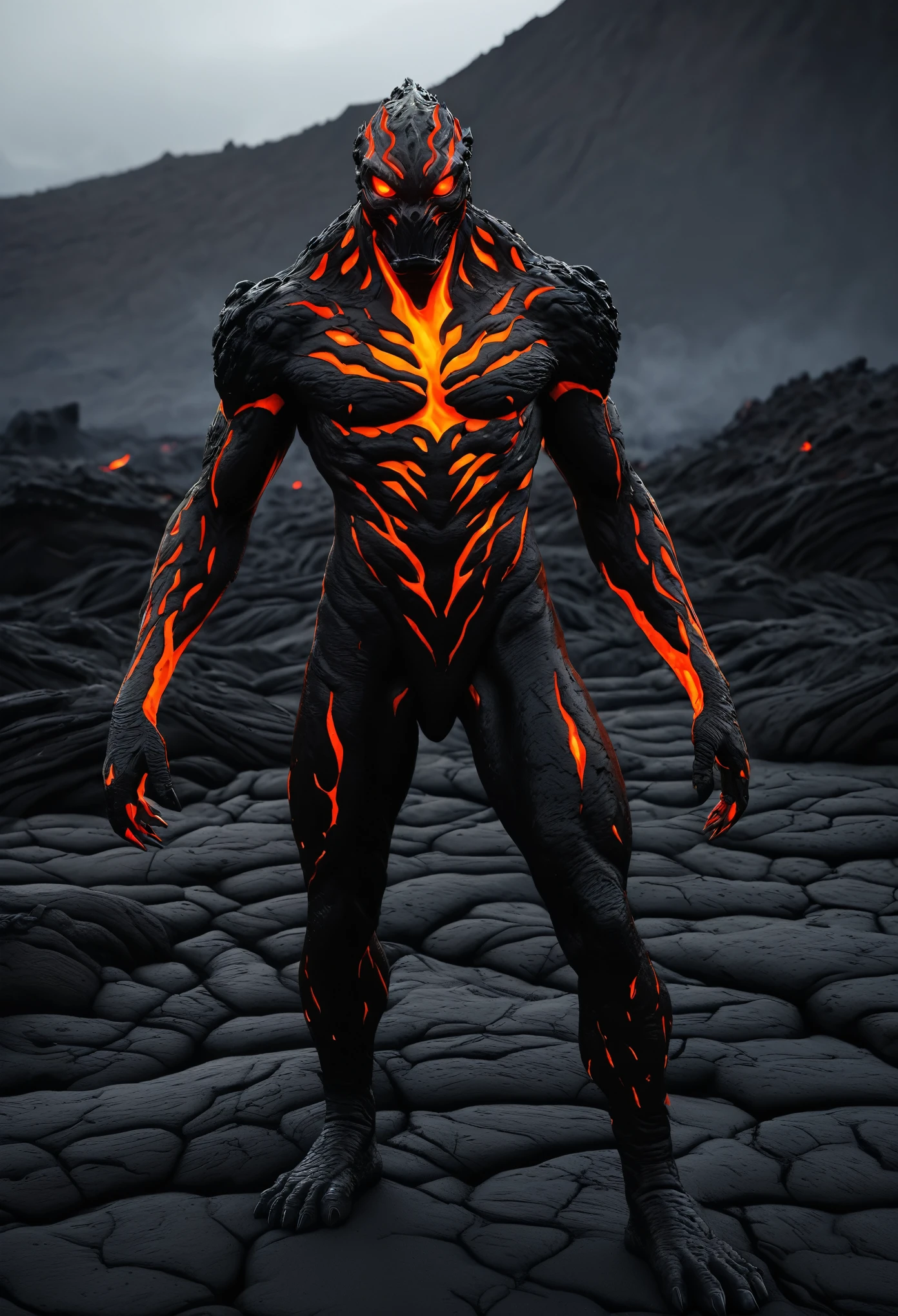 (best quality,4k,8k,highres,masterpiece:1.2),ultra-detailed,(realistic,photorealistic,photo-realistic:1.37),lava demon,solitude,sparse lava area,red-black color scheme,minimalist style,journey