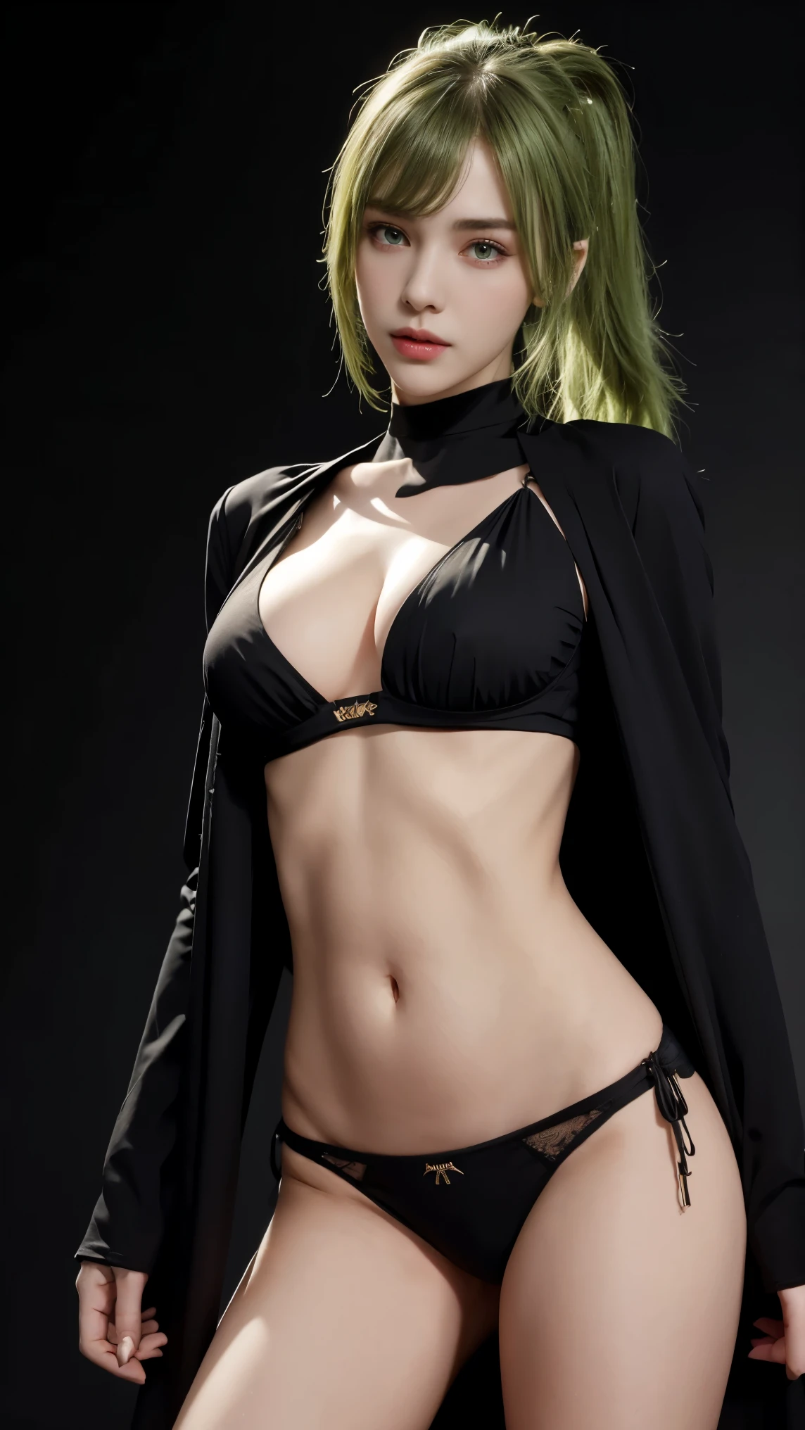 8K, Top Quality, Intricate Details, Ultra Detail, Ultra High Resolution, Masterpiece, close up shot, Slender,, ((Full body )), (Makeup: 0.4), (), , looking at viewer, ((full body)), 1girl, solo, 1 girl, (( )), , , ((tall)), (((fit body))), (((slim face))), sharp face , smile, (( green hair, bangs, long hair, high ponytail )) , (detailed face), sharp face, small lips, standing, feminine pose, , show belly ,, , ((, abaya, )), , ((detail belly )), detail fingers, detail hands, detailed face, detailed breast, huge breast, Narrow Waist, Skinny, 175 cm tall , Muscular, Navel, Exposed Abdomen, , large breast, , , Beautiful girl with accentuated slender abs: 1.4, Six Pack Abs: 1.4, Bust Botox,, Perfect Body, (( dark background)), black background,