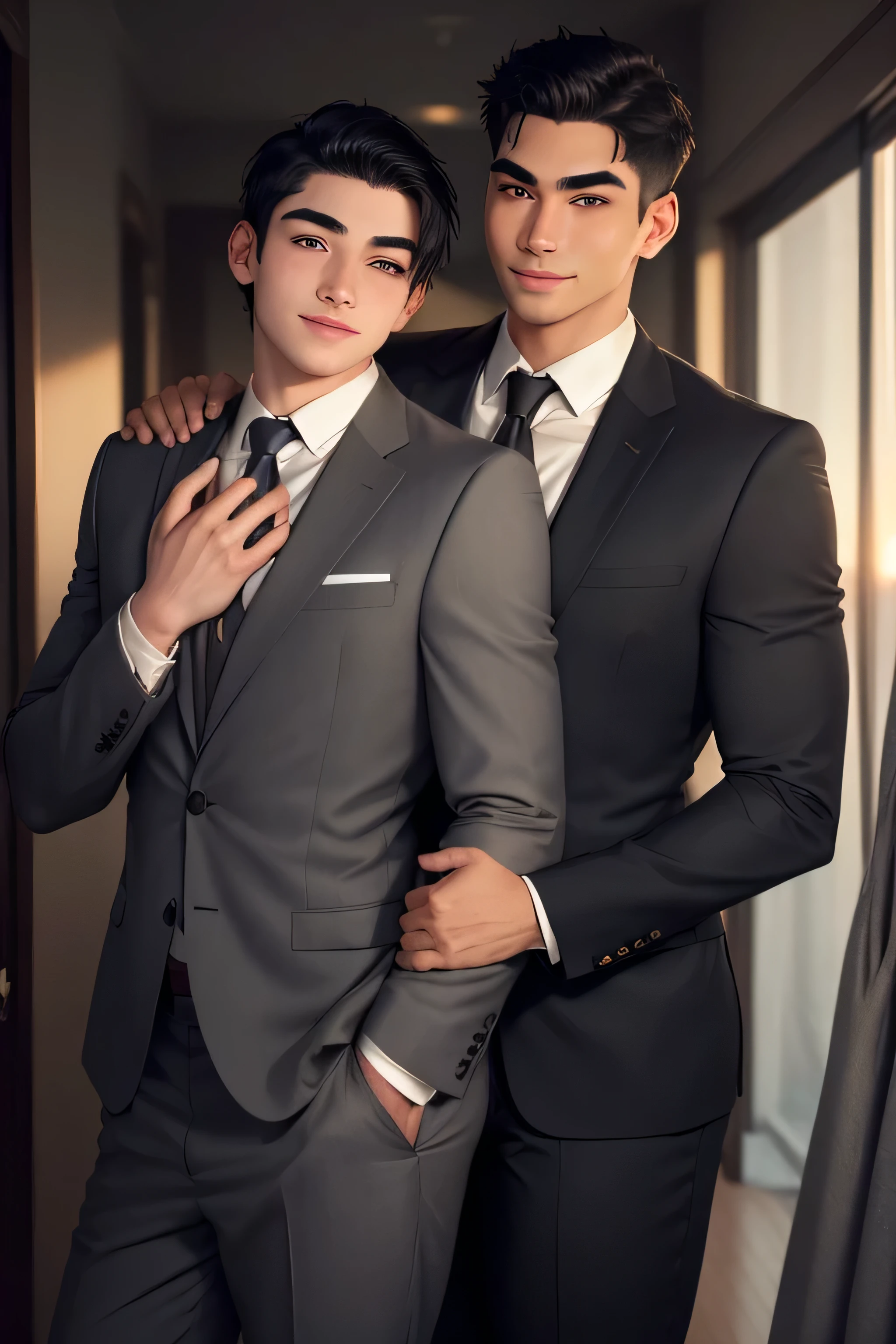 masterpiece, best quality, realistic. 2 man love each other. 1st man (male focus, mature, 1 tall muscular, handsome, [thick eyebrows:0.2], smile, suit, portrait, extremely detailed face, (black hair), (short hair), (suit:1.3). 2nd man (male focus, cute, lovely, not tall, skinny, beautiful young boy, [thick eyebrows:0.2], shy smile, potrait, extremely detailed face, short hair, (suit:1.3)). Sunset sky, dusk, hug