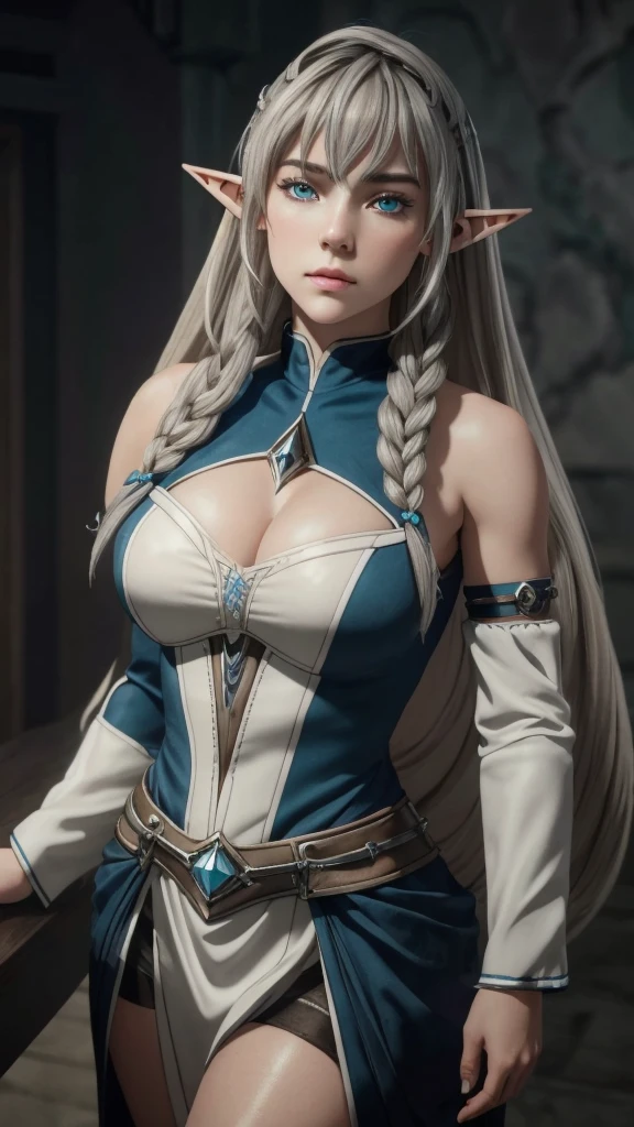 masterpiece, Ultra realistic, 16k, high quality, incredibly detailed, dream aesthetic, dream atmosphere, cinematic, work of art, (sharp focus: 1.5), (photorealistic: 1.3), featured (Beautiful elf Girl), pretty silver-haired elf-girl (charming seductress). cinematic, detailed, 16k sharp focus, realistic. Gorgeous. Seductive (pretty). Natural pale-silver hair (realistic texture), illuminated silky volumous hair, detailed hair (realistic), natural. gorgeous detailed face (charming seductress). flushed cheekbones (Rosy cheeks), tanned skin , (white skin) alabaster skin that seems to glow ethereally. Her attire is goth. Voluptuous form. Turquoise blue eyes (intense eyes look). A symmetrical face ::2 goth clothes + trending on artstation + fantasy art + realistic cloth + fractals in the background, flowing hair --aspect 9:21 --uplight his otherworldly beauty. realistic skin texture, pale-white skin illuminated. realistic perfect shading. absurdres, realistic textures. solo, alone, 1girl. looking at viewer. female muscular body, toned body, defined muscles. Large natural breasts, cleavage. pantyhose, gothic (white/dark-blue) outfit (realistic texture). In Different positions at different angles. Day background. unbelievably real, best quality, Photorealistic.