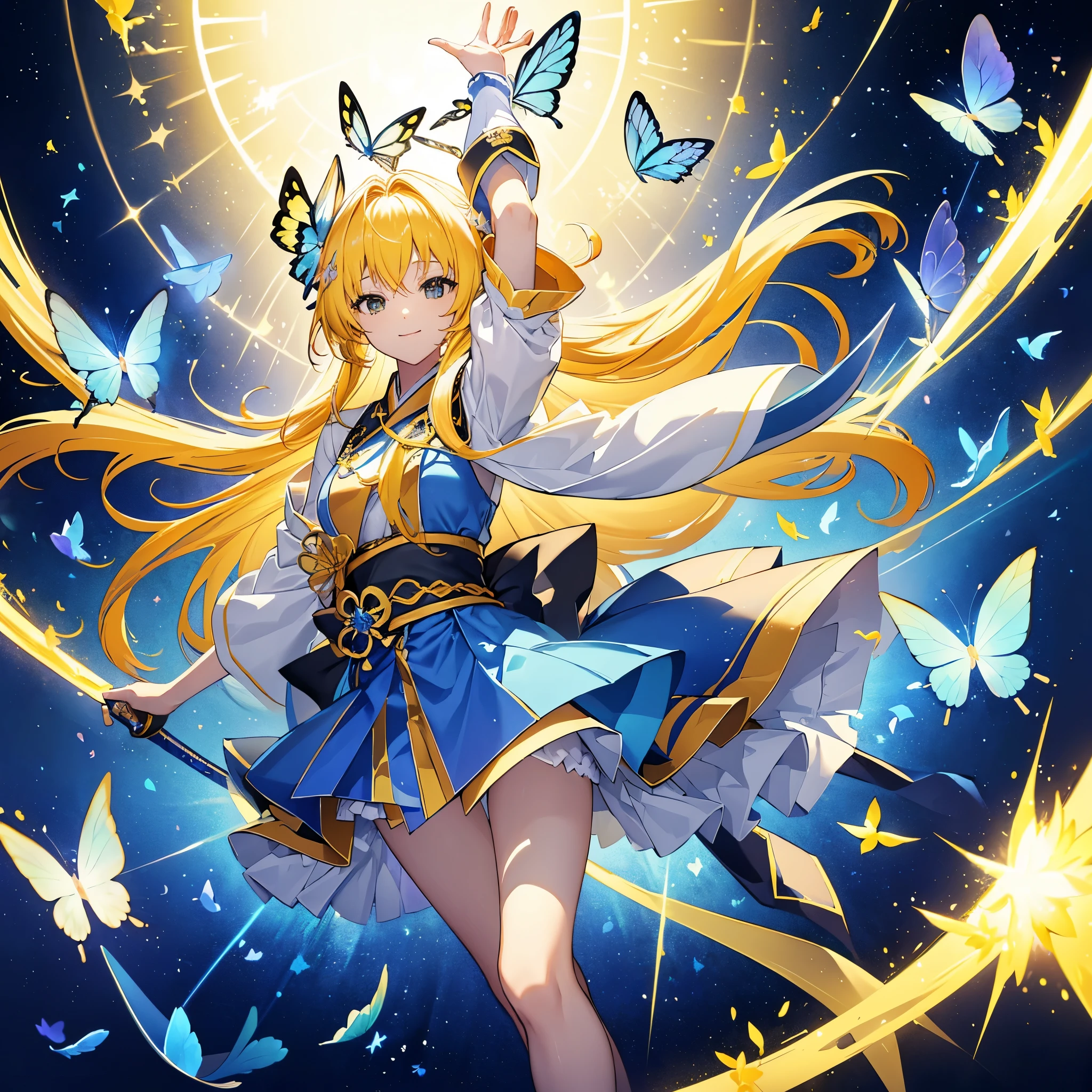 ((high resolution　Yellow Hair　Long Hair　Goddess of victory　one person　Lonely　smile))　((Blue Butterfly　night　Japanese style　old　Shining Aura　rainbow))　(Dance　Blade of Light　Shining Holy Sword　Swing down　Slashing)　moon　star　Draw your sword　Slashing　Catch the wind　fall