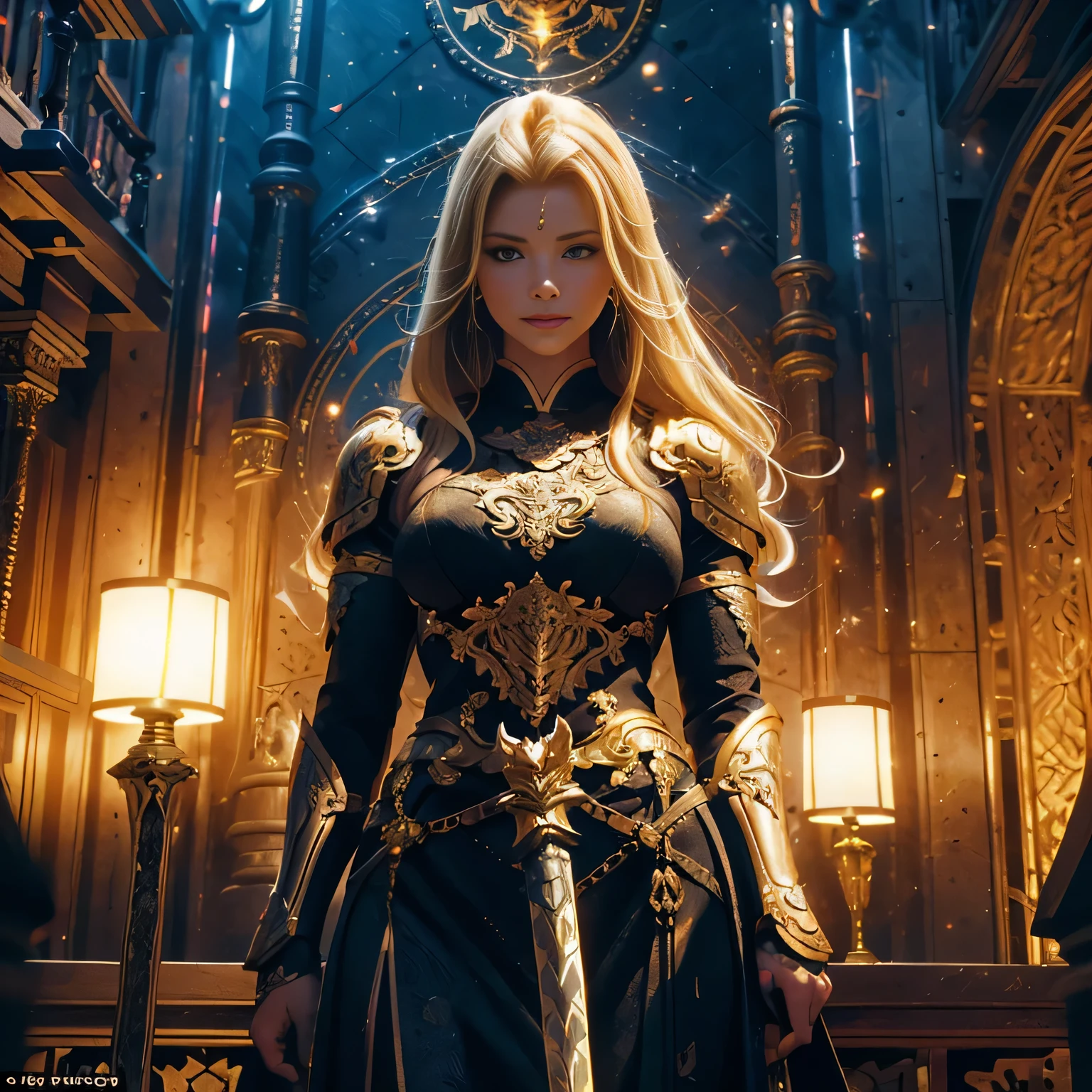 A stunning busty blonde warrior woman, boasting golden locks cascading down her shoulders, dons an intricately designed black armor. Adorned with meticulous engravings and shimmering accents, it hugs her curvaceous figure, leaving no detail overlooked. With a sword in hand, the sun's rays reflect off its sharp, sleek blade. The vivid scene is brought to life through the masterful brushstrokes of Artist Ma Xiaolong in his newest 8K painting, "Blonde Warrior." With the assistance of Sakimichan Frank Franzeta in creative conception, every detail is rendered with extreme precision and depth, creating an immersive