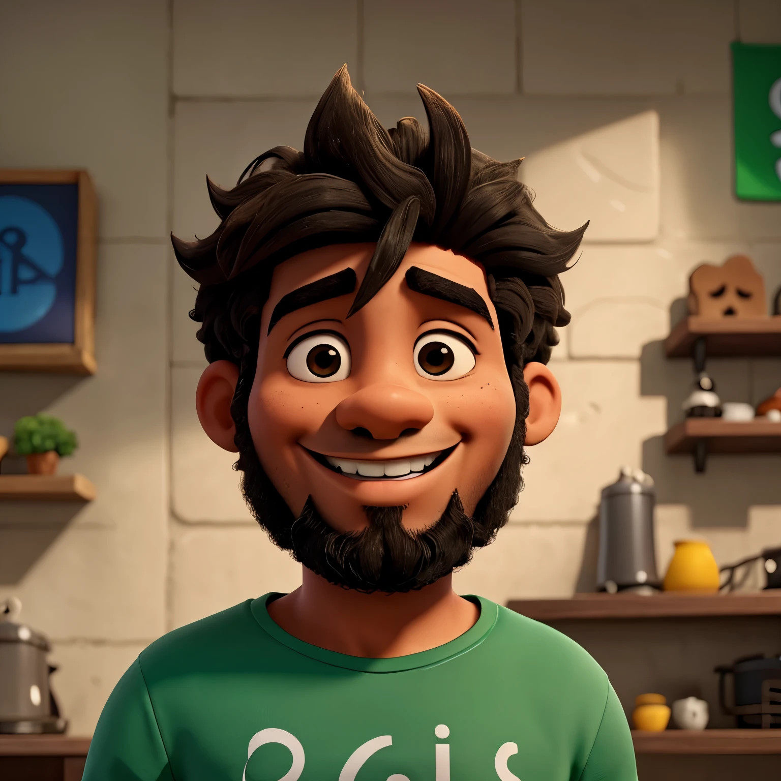 Un joven sonriendo de pelo negro con barba y tiene una camiseta verde