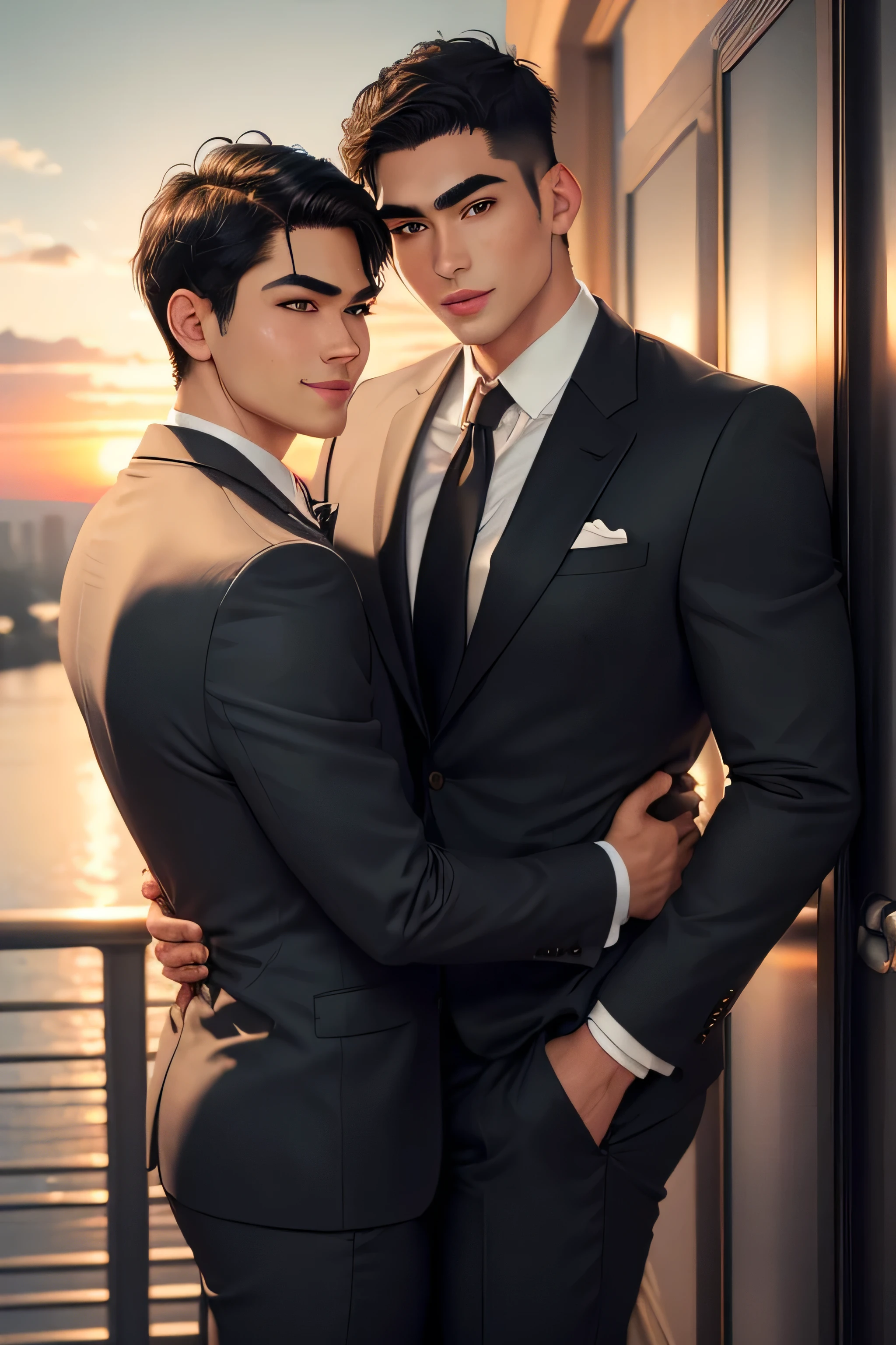 masterpiece, best quality, realistic. 2 man love each other. 1st man (male focus, mature, 1 tall muscular, handsome, [thick eyebrows:0.2], smile, suit, portrait, extremely detailed face, (black hair), (short hair), (suit:1.3). 2nd man (male focus, cute, lovely, not tall, skinny, beautiful young boy, [thick eyebrows:0.2], shy smile, potrait, extremely detailed face, short hair, (suit:1.3)). Sunset sky, dusk, hug