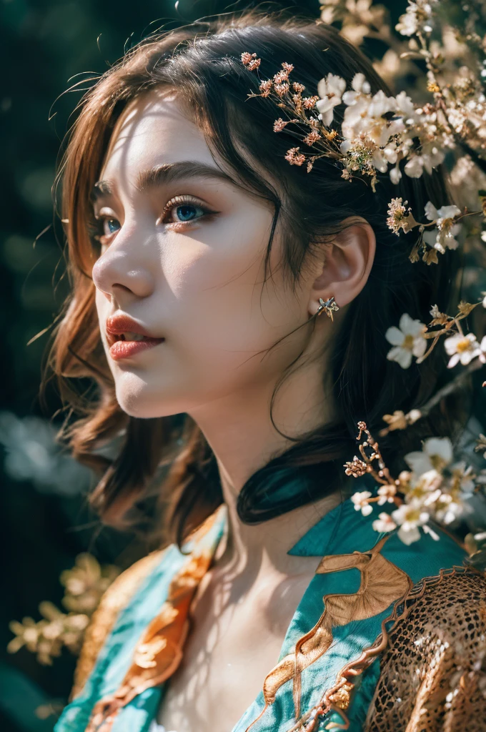 ( masterpiece, top quality, best quality,8k, girl,ultra detailed,raw photo:1.5),(photorealistic:1.4), (cinematic lighting), PerfectNwsjMajic, , Surrealism, UHD, ccurate, Super detail, textured skin, High detail, Best quality, dynamic angle, White skin,[Beautiful blue eyes], high nose,[flat chest:large breasts:0.5],(1girl),((good anatomy:0.5)),(covered in flowers:1.4), night sky, interested in, fire and ice, (The image is divided into two，Available in a variety of colors:2), eyes blues, sapphire, liquid metal, night sky, (Look at an angle:1.3), (fire and ice), ((Lower chrome)), (hairpin:1.4), (forest:1.3), (fog: 1.3),  Subtle colors and tones, mystical aura ,dreamy atmosphere,expressive brush strokes, mystical ambiance, Artistic interpretation, upper body, long hair