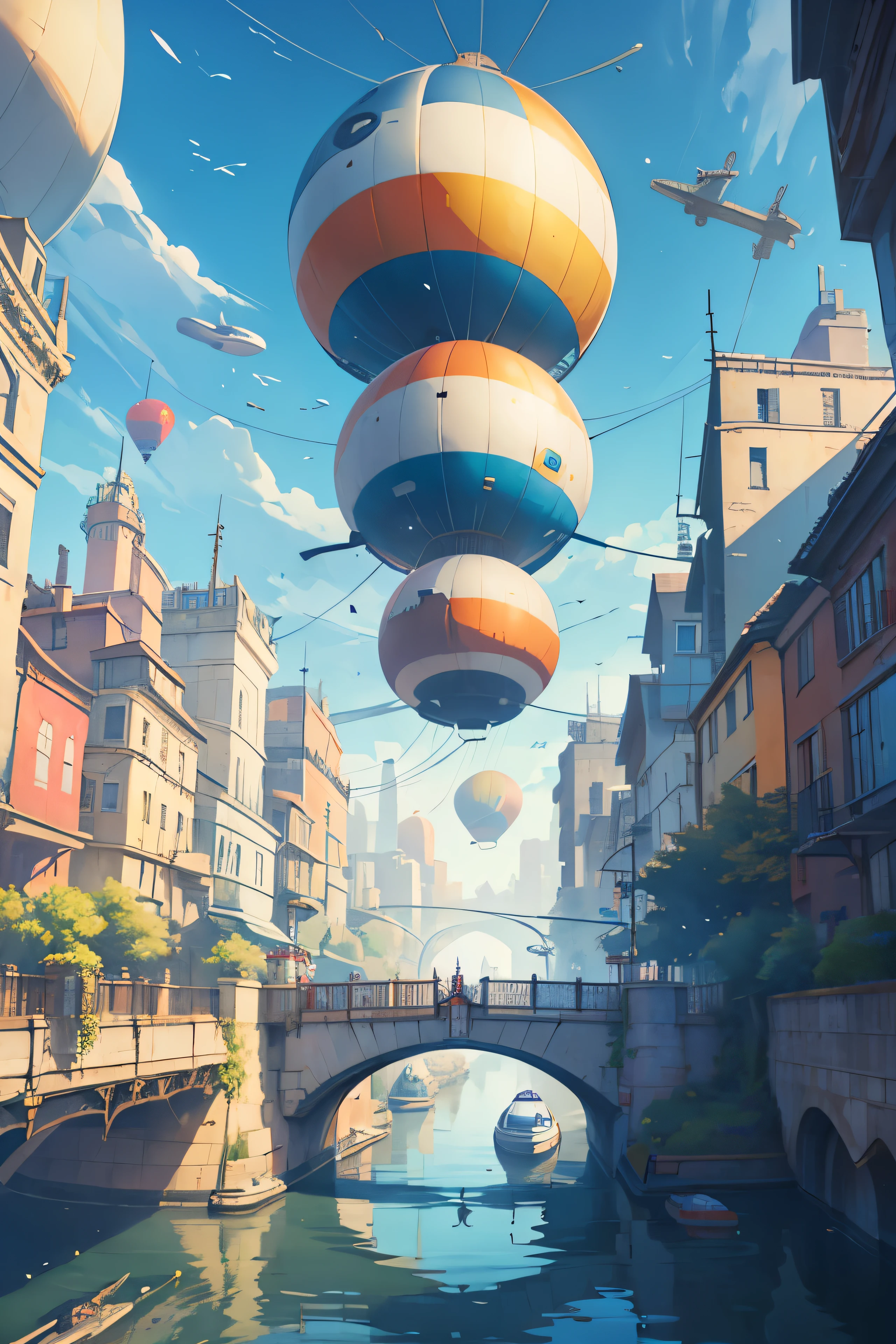 A floating city in the sky, supported by huge colorful balloons and connected by bridges and walkways. In the streets, people with mechanical wings can be seen flying from one side to the other, while airships and airships fly in the sky in a constant back and forth.