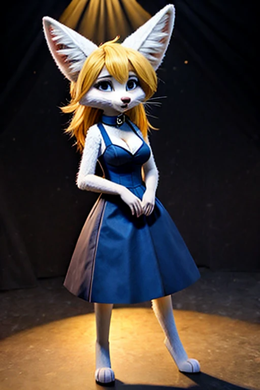 (white fur:1.2), short slim skinny female digitigrade fennec, small breasts, BREAK whiskers, black lips nose, BREAK big bright teal eyes, bedroom eyes, blushing, BREAK purple eyeshadow, purple collar, BREAK long wavy platinum blonde hair, BREAK, skimpy purple maid dress, dress lift, (cleavage), BREAK standing on stage in the spotlight, BREAK (by trigaroo:1.1), (by toots, by syn-6), by discreet user [by dryadex, by syuro::12], [by v-tal:by himeragoldtail:18], by enginetrap, (by fuel /artist/), (by funkybun:0.5), (whisperfoot:0.6)