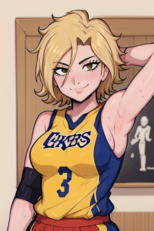 masterpiece, best quality, dimaria, looking at viewer, yellow short hair, large breasts, upper body, portrait, looking at viewer, seductive smile,both hands raised, armpits, armpits visible, sweaty armpits, wearing yellow basketball uniform