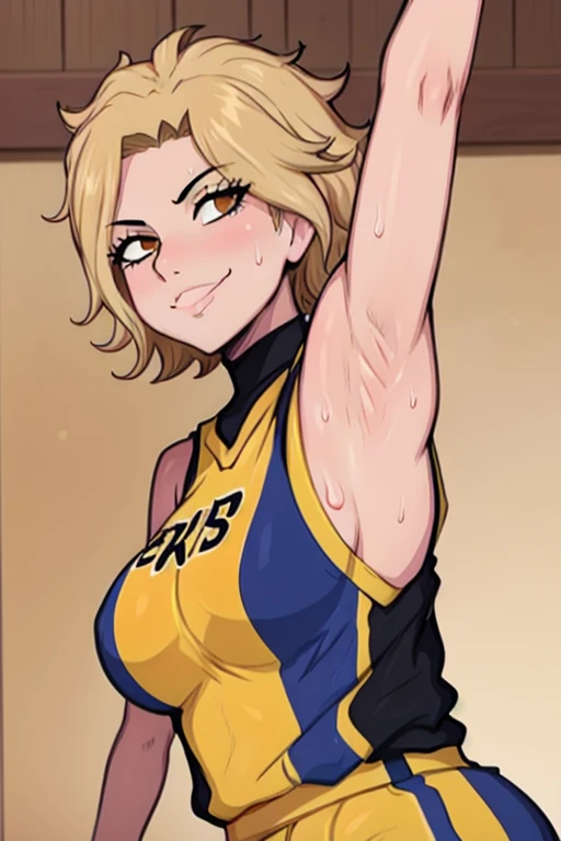 masterpiece, best quality, dimaria, looking at viewer, yellow short hair, large breasts, upper body, portrait, looking at viewer, seductive smile,both hands raised, armpits, armpits visible, sweaty armpits, wearing yellow basketball uniform
