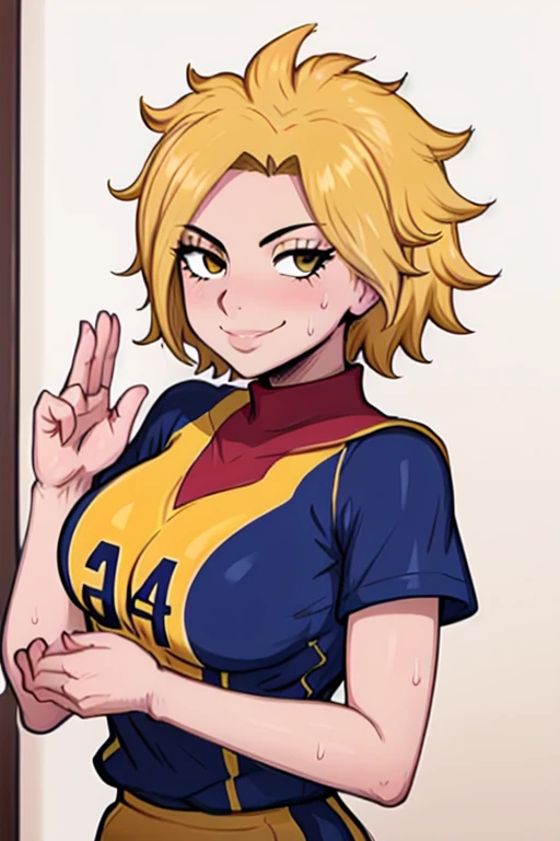 masterpiece, best quality, dimaria, looking at viewer, yellow short hair, large breasts, upper body, portrait, looking at viewer, seductive smile,both hands raised, armpits, armpits visible, sweaty armpits, wearing yellow volleyball uniform
