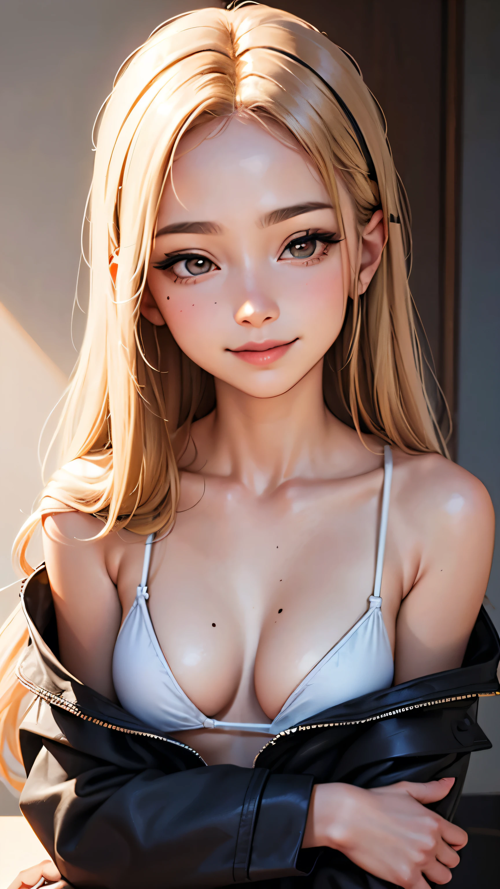 masterpiece, highest quality,Face-to-face audience, Upper body,Middle-aged women,Greek Goddess Attitude, Melon seed face, ((Long, narrow eyes)), Mole under the eye,Brown eyeball, Thin lips, Anorexia,blonde, Very long hair, Laugh with your mouth closed,40 year old mature woman, self-portrait, Simple Background,Thin legs,Close your eyes and smile,Swimwear,The happi coat is open
