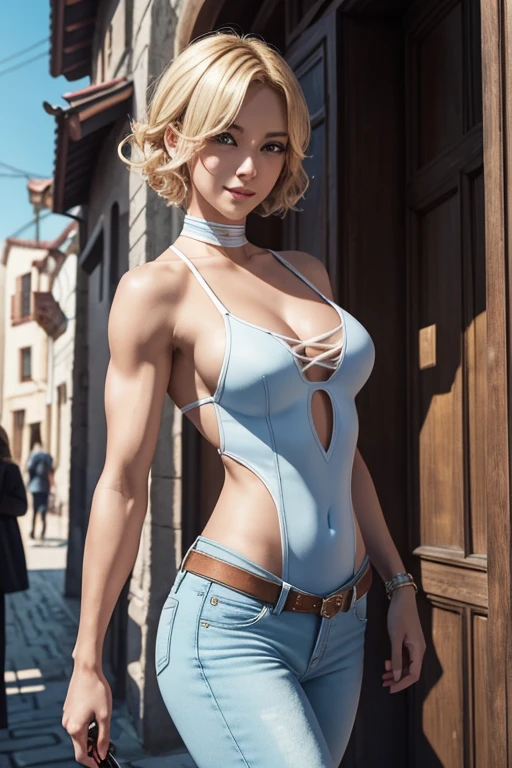 8k、A woman wearing a blue and white pink casual outfit is taking the photo.、smooth CG art、glossy white skin、8K high quality detailed art、Photorealistic anime girl rendering、fan art best art station、The character is in a natural pose、Beautiful and attractive receptionist woman、Elegant laughter pose、smooth digital concept art、highly detailed characters、white shiny skacy art,character art、blonde short perm hair、slim muscular body、red and black jeans、Gari macho、超A high resolution、surreal、split blue eyes,Sexy,laughter,I have a fancy knife,masterpiece,Photorealistic RAW photos of the highest quality。Backlight, cinematic lighting, film grain, to be born, 50mm lens, Nikon D850,realistic skin,fantasy art,character art,ultra high resolution,muscular slim body,Muscular thin lower body,Stroll through the medieval town,In front of the big fountain,pink costume,