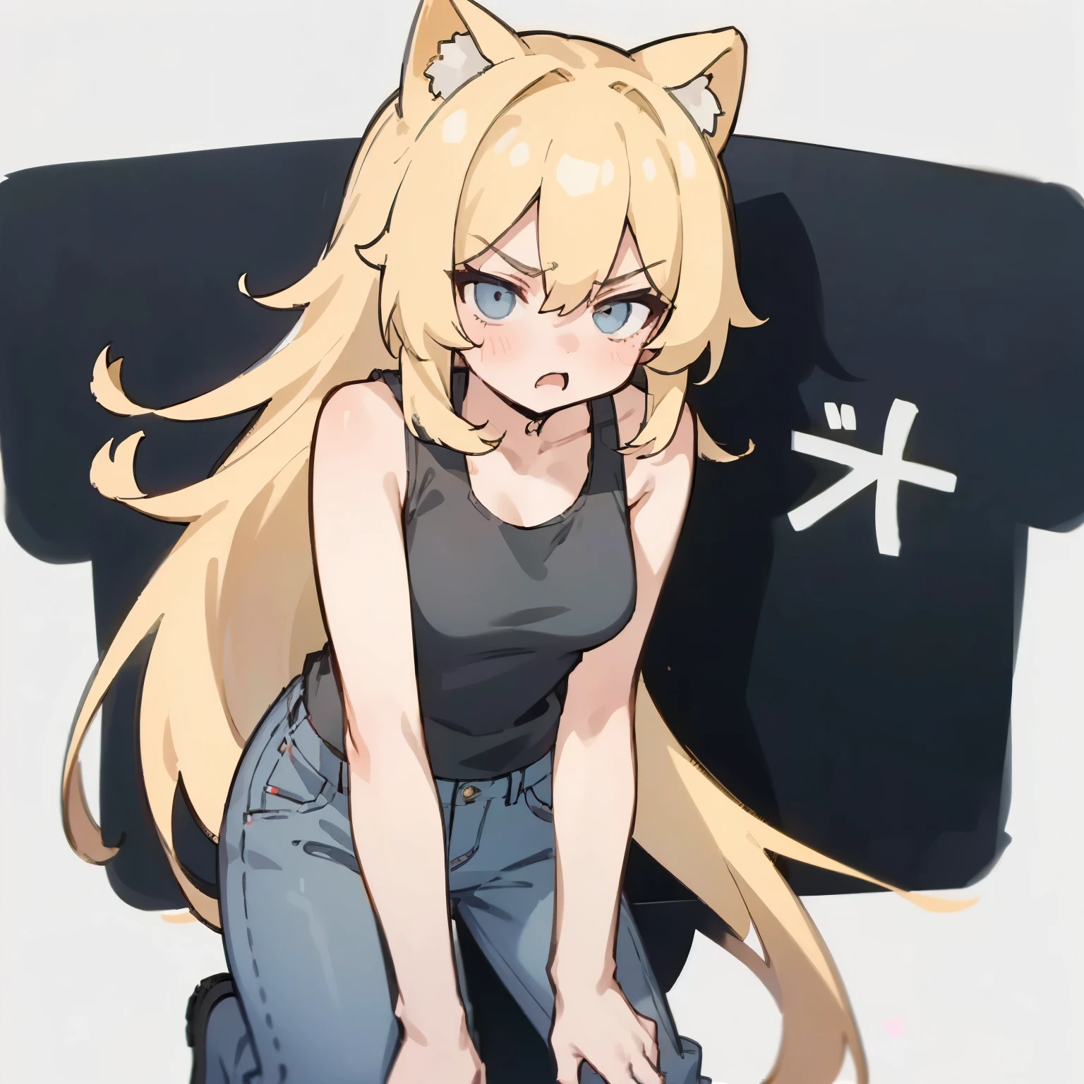 Young woman, blonde,long hair, black tank top, gray wide leg jeans, narcissistic, angry, Anime