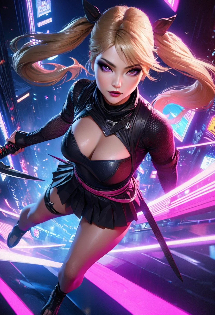 8k, ((Full Body Portrait)) ,masterpiece、Realistic:1.2, Realistic, Ultra-high resolution, ultra-quality, ultra-detailed, ultra-realistic, highest quality, (Solo, 1girl), (Masterpiece, Detailed, 4k), perfect face, perfect lips, perfect makeup, dark eyeshadow, Unreal Engine 5, (Full Body Portrait), absurd resolution, high resolution, sharp image, vibrant colors, Synthwave colors, Vaporwave colors, ((sexy Female Ninja)) with ((blonde hair, two ponytails in hair)), (pleated skirt), neon lights, night sky, neon city, katana, shuriken, kunai leg straps, sexy, beautiful