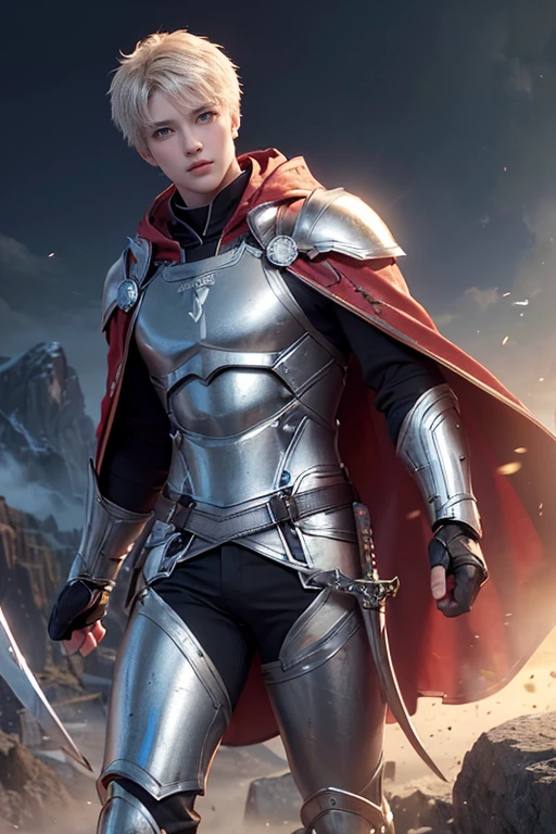 (Original Character, Best quality, 4k, 8k, highres, masterpiece:1.2), ultra-detailed, ((Male adventurer hero)), ((Marvelous adventurer hero with male face)), ((Blonde hair, Black short hair with Pixie curly hair cut)), ((green eyes)), ((full body)), ((stand pose)), ((((Wearing a Black armor future with red cloak and Silver accessories)))), ((Adventurer boots)), ((holding two twin sword)), ((Tall and Sporty body)), (((Male Hero))), (((Tall and Sporty body))), (((Male Hero))), ((fully detailed)), illustration, (Original Character, Unity 16K Wallpaper, masterpiece, Best Quality, Ultra-detailed, extremely details CG, Caustics, Cinematic lighting, Detailed, Beautiful detailed eyes, Solo, Oily skin), Ultra High Resolution, Fine skin, (Marvelous adventurer hero with male face), (Strong lights), ((Brighten the subject)), Veteran Male hero, Veteran Male hero, Veteran Male hero, Male wizard, 