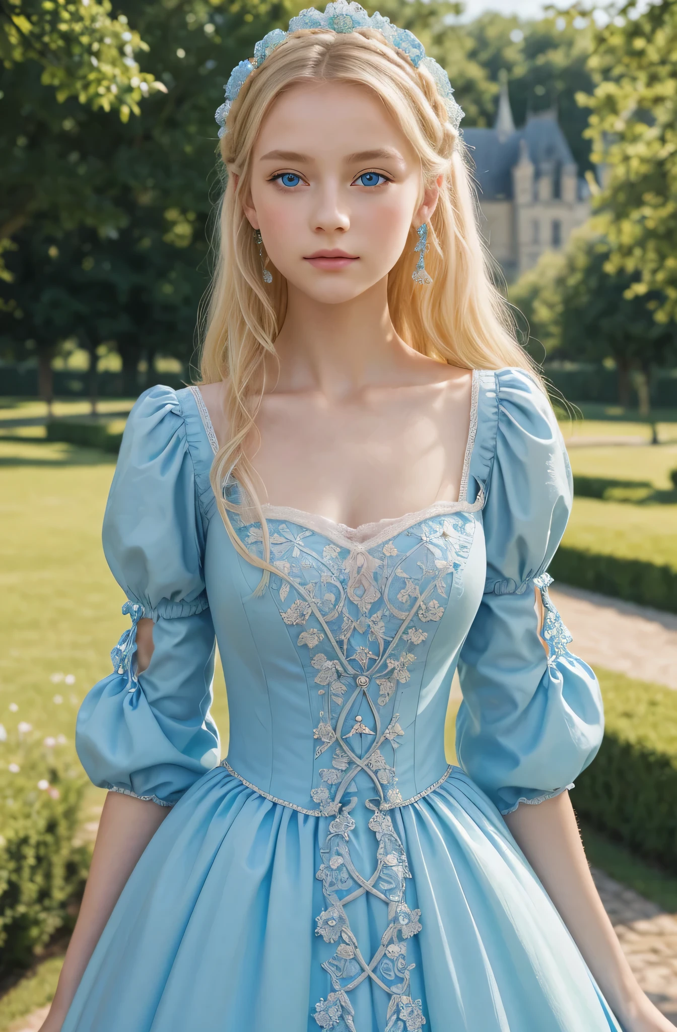 One Woman、solo、-yeld giThe whole body is shown、The background is a medieval European castle、Rococo dresses、Light blue dresarie Antoinette's Dresses、Blonde、blond hair、Blue Eyes、Green eye、Beautiful girl、4k、（（Masterpiece））、（（Delicate））、（Perfect Face）