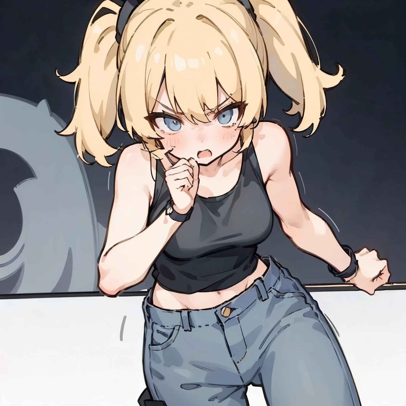 Young woman, blonde, black tank top, gray wide leg jeans, narcissistic, angry, Anime