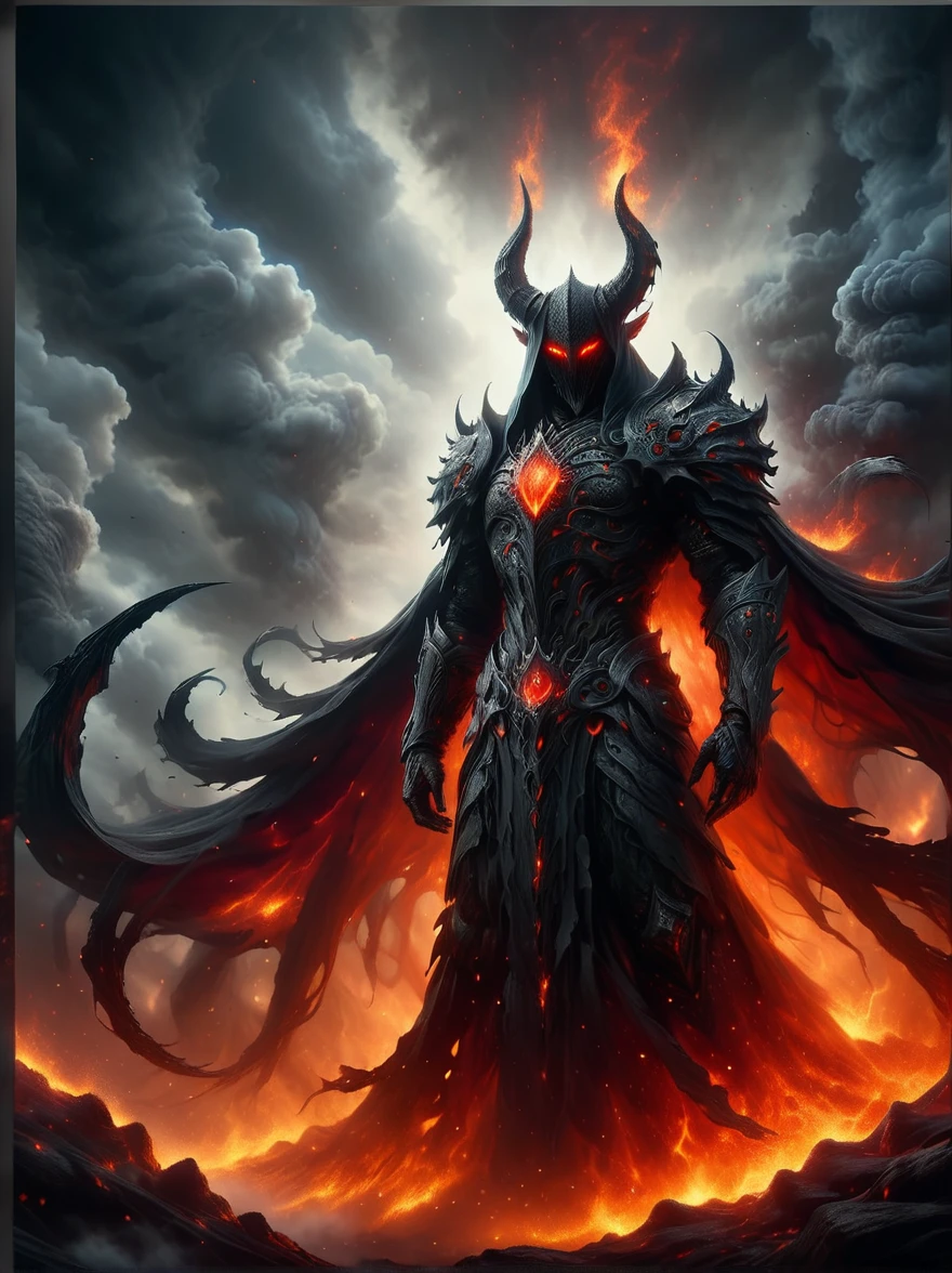 A frightening figure rises from the thick mist over the azure sea. This entity is demonic in nature, with blood-red skin, glowing amber eyes, and wickedly pointed horns. It is enveloped in an ominous shroud of smoke and fire, further enhancing its terrifying and otherworldly appearance. The sea beneath it boils in fear, creating a contrast between the tranquil, limitless sky above and the chaotic turmoil below. This unsettling scene creates a remarkable juxtaposition between beauty and horror, tranquility and chaos.