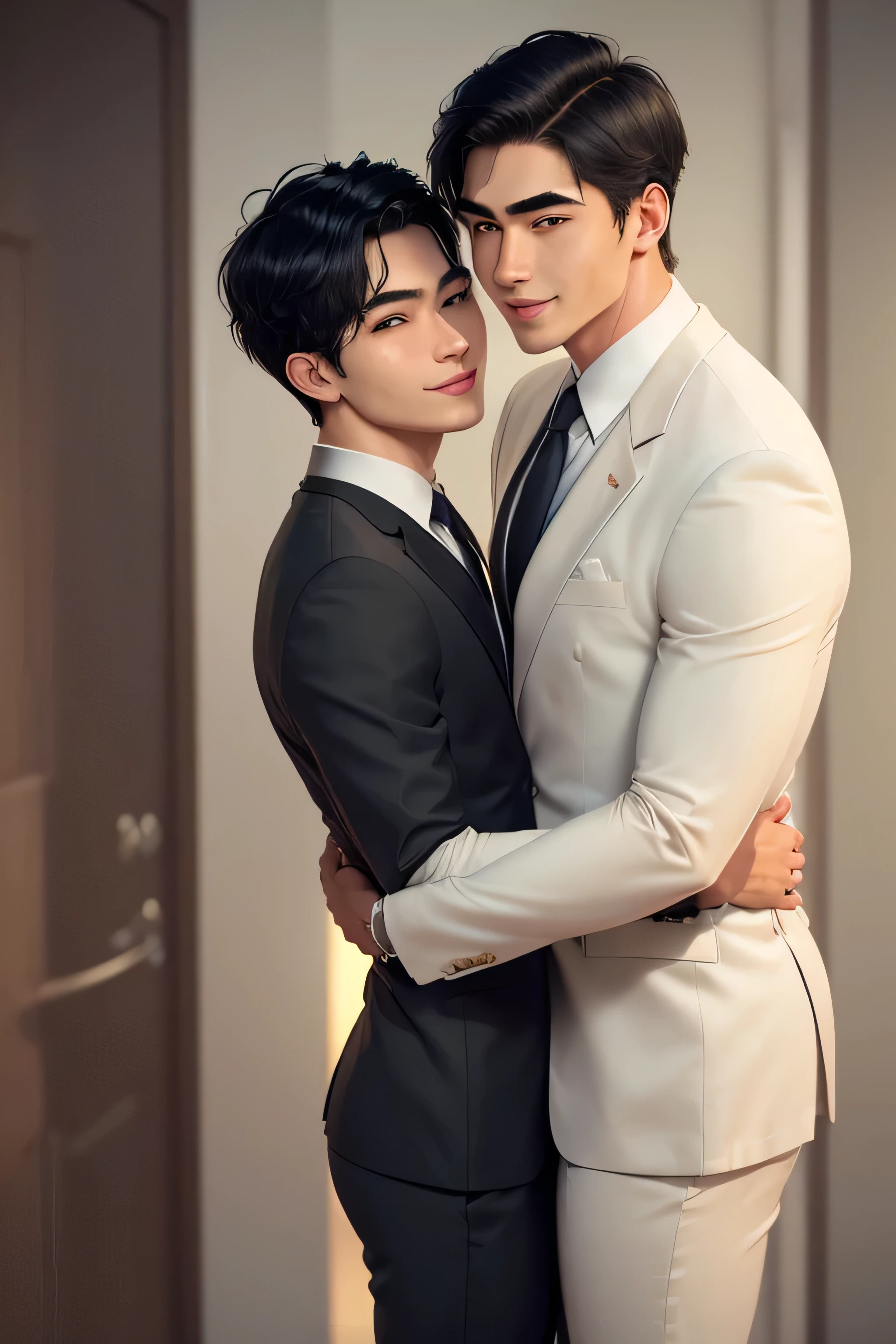 masterpiece, best quality, realistic. 2 man love each other. 1st man (male focus, mature, 1 tall muscular, handsome, [thick eyebrows:0.2], smile, suit, portrait, extremely detailed face, (black hair), (short hair), (suit:1.3). 2nd man (male focus, cute, lovely, not tall, skinny, beautiful young boy, [thick eyebrows:0.2], shy smile, potrait, extremely detailed face, short hair, (suit:1.3)). Sunset sky, dusk, hug obsessively