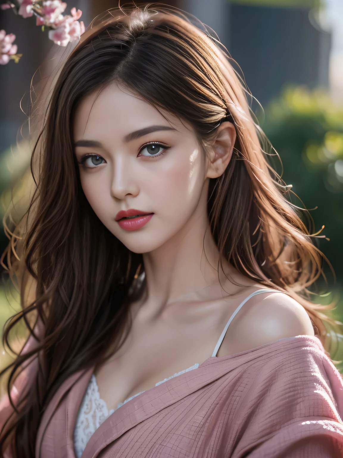 hair bobbles, wince, longeyelashes, solid circle eyes, light smile, ear blush, fang, Surrealism, drop shadow, anaglyph, stereogram, tachi-e, pov, atmospheric perspective, 8k, super detail, ccurate, best quality, award winning, best quality, highres, high quality, high details, super detail, anatomically correct, UHD, retina, masterpiece, ccurate,((best quality)), ((masterpiece)), (detail: 1.4), 3D, Beautiful cyberpunk female character, HDR (High Dynamic Range), Ray Tracing, NVIDIA RTX, Super Resolution, Unreal 5, Subsurface scattering, PBR Textures, Post-Processing, Anisotropic filtering, Depth of Field, Maximum Acutance and Acutance, Multi-layered textures, Albedo and Specular Maps, Surface Shading, Mitsu - Accurate simulation of material interactions, Perfect proportion, Octane Rendering, Two-color light, Large aperture, Low ISO, White Balance, Regular three-point shot, 8K Native, Beautiful bright pupils, Flowing robe, outstanding student, Delicate face and eyes, Long eyelashes, blush, Fluffy hair, Pink lips, pure, Lovely, Cherry blossom petals falling, Butterfly