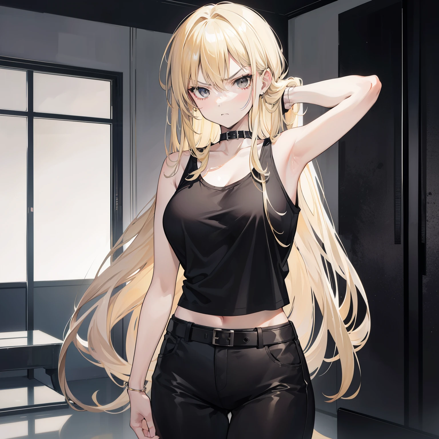 Young woman, blonde, long hair, Grey eyes, black tank top, black shirt, gray trousers, wide pants, black belt, narcissistic, angry, Anime