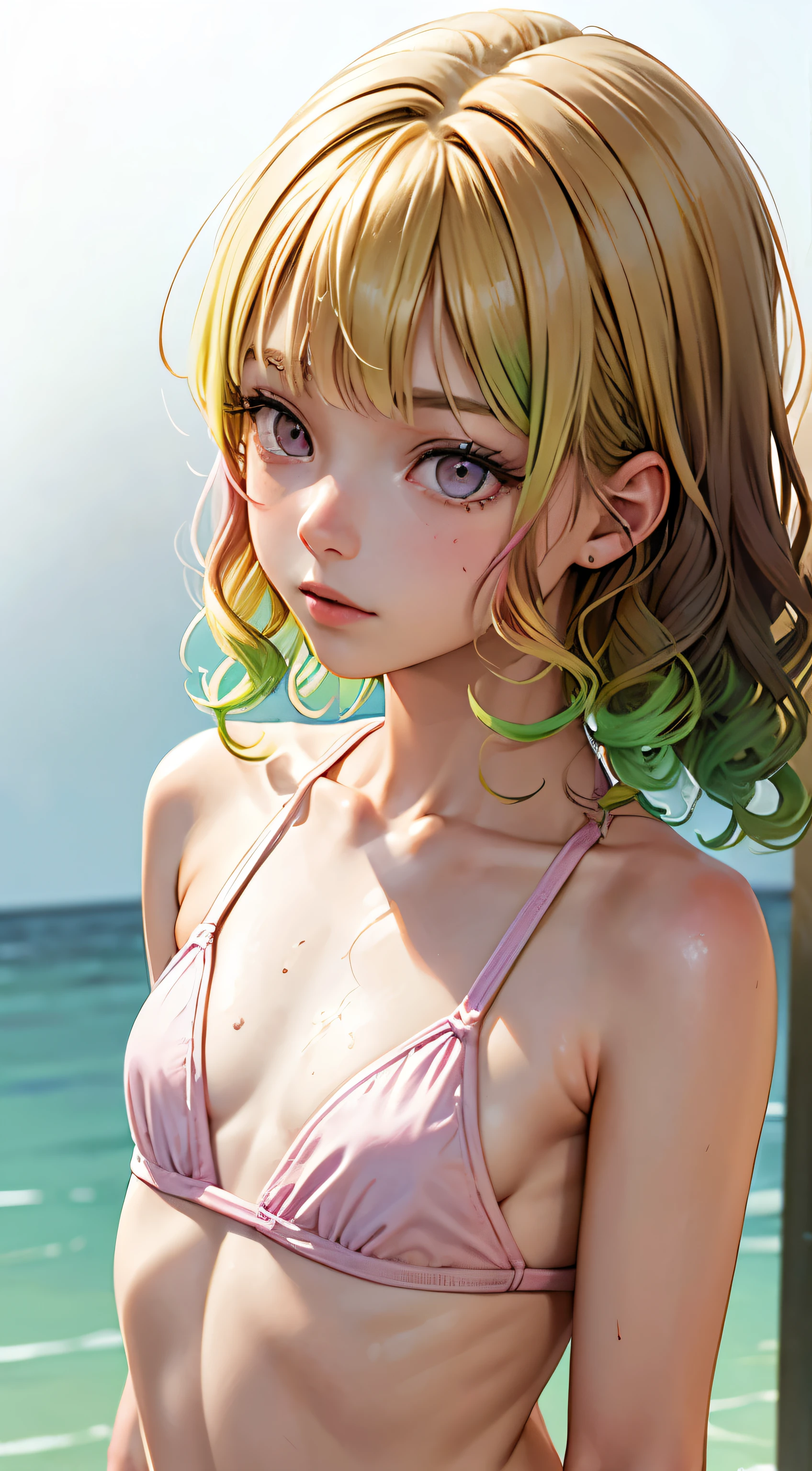 One woman, alone, alone Focus, Cowboy Shot, Portraiture,, Beaver,Half water color, Half Green, ((Brown Hair)), (Yellow Hair), (Gradient Hair :1.5), Curly Hair, ((Pink Eyes)), Ultra-detailed eyes, work, White knit, (Small TI quality, Very detailed,Swimwear,