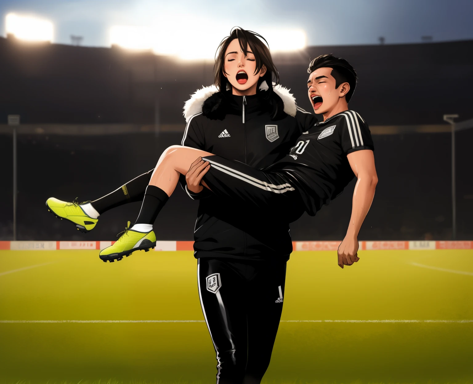 a shouting chinese womanl in a laquered and very shiny quilted coat carries a man, a chinese woman carries a male soccer player, a chinese woman carries a male soccer player in her arms, rainy weather, rainfall, humid, girl carries guy, lift and carry, an excessively madeup chinese woman in a high-shine wet black latex downcoat, a soccer scene, very matte cotton soccer sportswear on a well shaped male body, a soccer injury, first aid carry at a soccer match, a young madeup latino-girl in a shiny black vinyl downjacket, a madeup latino-girl in a shiny plastic-downcoat, a very sad and desperately crying latino-girl, an intensely madeup latino-girl in a glossy black vinyl-downcoat, latino-girl with lipstick, latino-girl with smoky eyes, dramatic action pose, woman that is carrying a skinny shorthaired man, there is a beautiful woman in a shiny coat who is carrying a shorthaired blond man in her arms, a longhaired beautiful woman in a high-shine black puffy coat, a longhaired woman in a shiny downcoat, a woman is carrying a shorthaired man who is wearing black shorts, a weak shorthaired man in black shorts is consciousless and needs to be carried, a shorthaired man with closed eyes is carried in the arms of a longhaired latino-woman, a latino-woman looks very scared and terrified, a consciousless shorthaired man with closed eyes is suffering very much and has a very painful face, photo, photo shoot, photographed, arafed man being carried by a woman, very realistic, very very realistic, hyper-realistic, hyper - realistic, hyper realistic, jacket over bare torso, very disturbing, very hyperrealistic, super realistic, hyperrealistic!, extremely realistic, very very very realistic, super-realistic realistic, super-realistictic!, extremely realistic, very very very realistic, super-realistic realistic, super-realistic