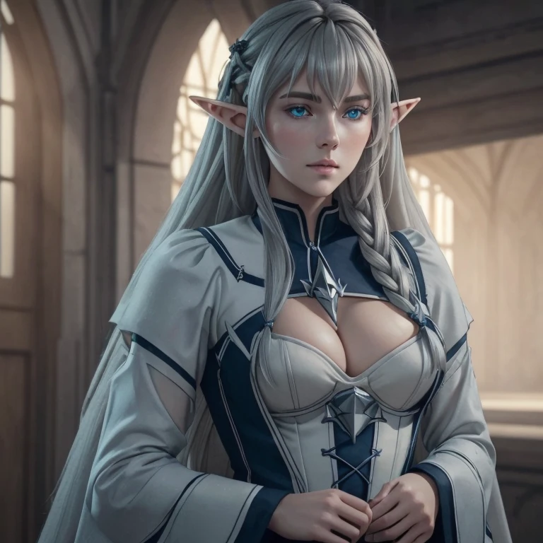 masterpiece, Ultra realistic, 16k, high quality, incredibly detailed, dream aesthetic, dream atmosphere, cinematic, work of art, (sharp focus: 1.5), (photorealistic: 1.3), featured (Beautiful elf Girl), pretty silver-haired elf-girl (charming seductress). cinematic, detailed, 16k sharp focus, realistic. Gorgeous. Seductive (pretty). Natural pale-silver hair (realistic texture), illuminated silky volumous hair, detailed hair (realistic), natural. gorgeous detailed face (charming seductress). flushed cheekbones (Rosy cheeks), tanned skin , (white skin) alabaster skin that seems to glow ethereally. Her attire is goth. Voluptuous form. Turquoise blue eyes (intense eyes look). A symmetrical face ::2 goth clothes + trending on artstation + fantasy art + realistic cloth + fractals in the background, flowing hair --aspect 9:21 --uplight his otherworldly beauty. realistic skin texture, pale-white skin illuminated. realistic perfect shading. absurdres, realistic textures. solo, alone, 1girl. looking at viewer. female muscular body, toned body, defined muscles. Large natural breasts, cleavage. pantyhose, gothic (white/dark-blue) alternative dress (realistic textures). In Different positions at different angles. Day background. unbelievably real, best quality, Photorealistic.