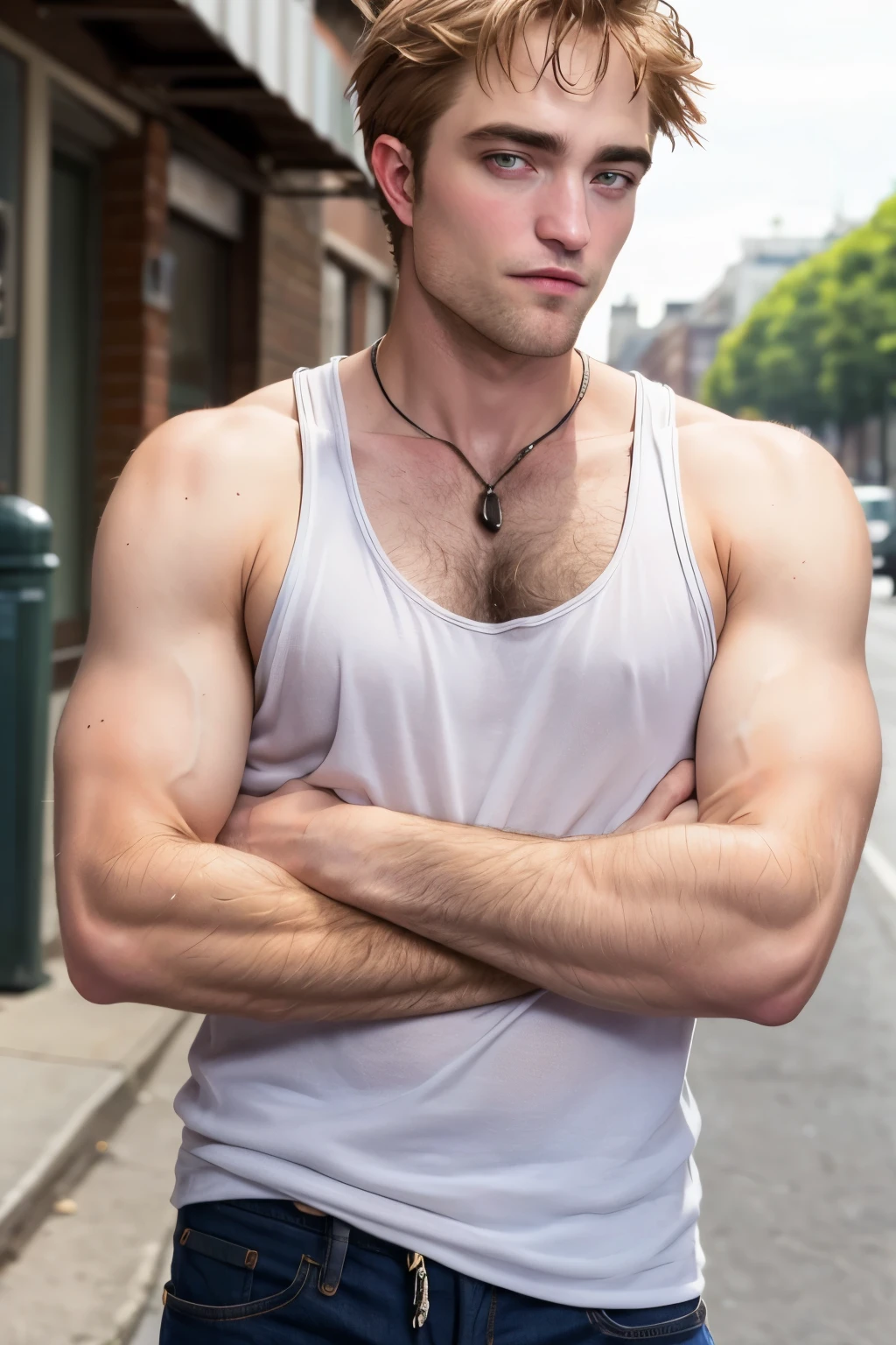 robert pattinson, tank top, street, hairy chest, ultra realistic, crossed arms, hairy,  ear piercing, muscular   