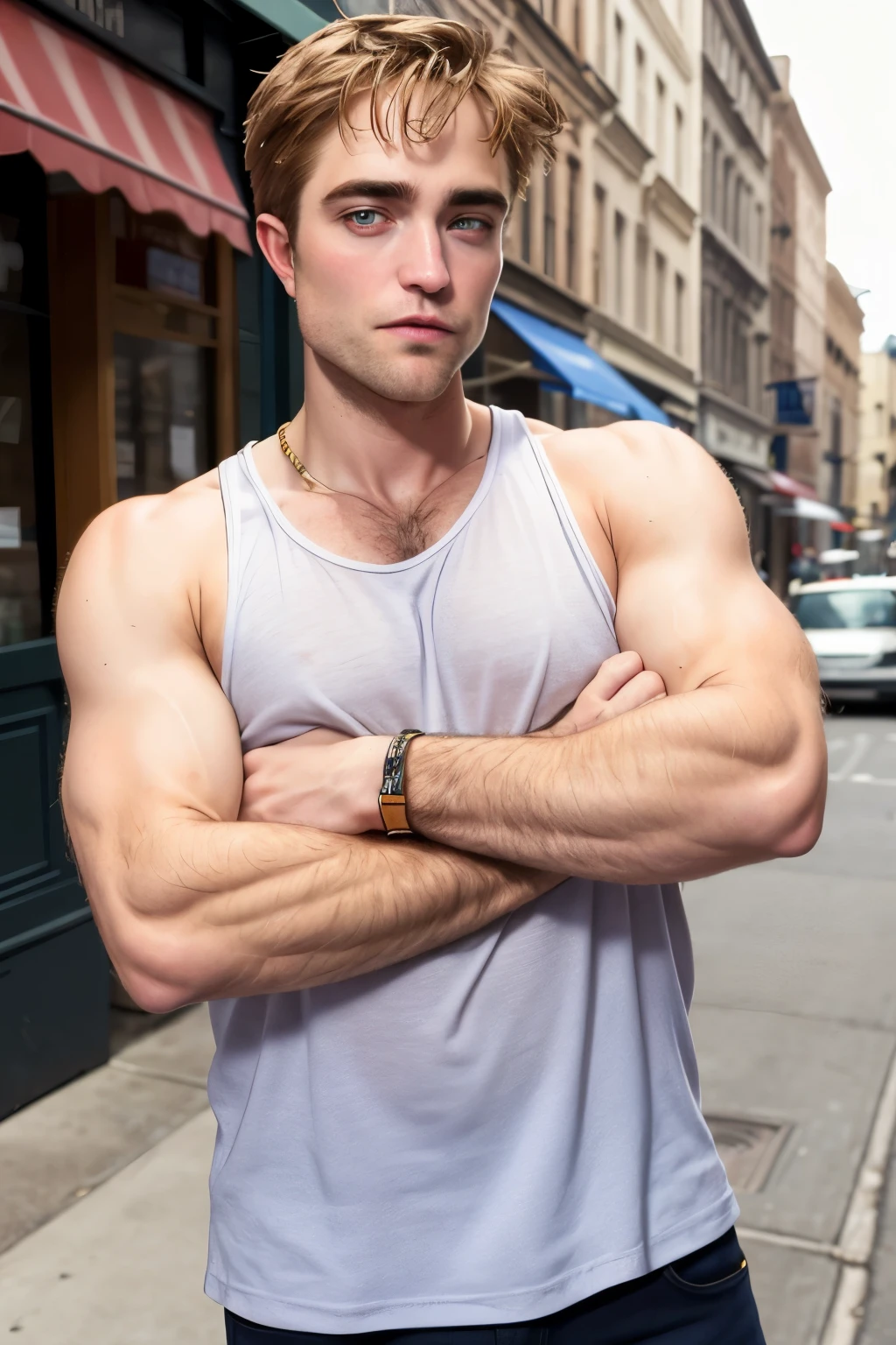 robert pattinson, tank top, street, hairy chest, ultra realistic, crossed arms, hairy,  ear piercing, muscular   