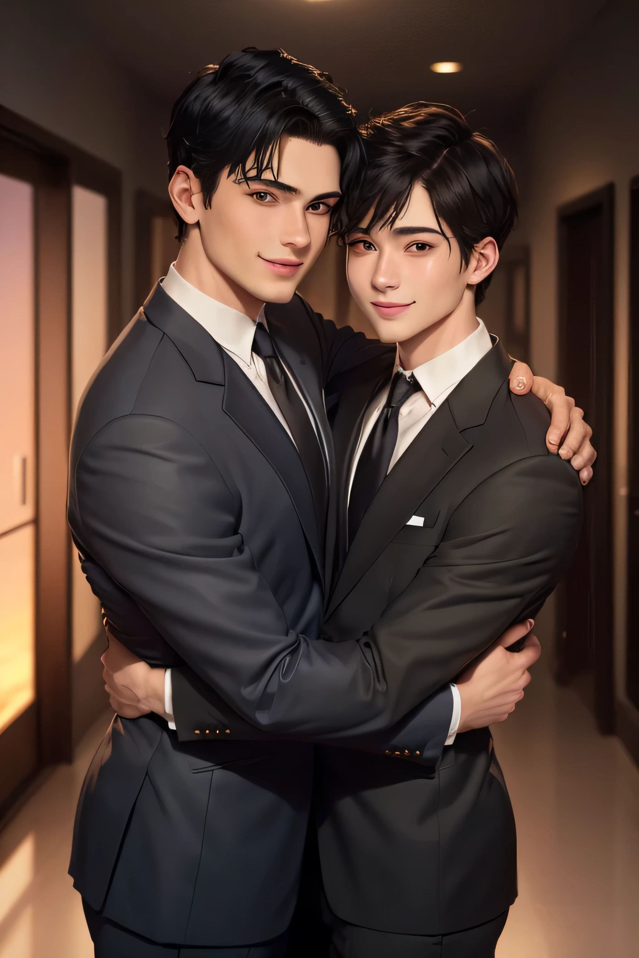 masterpiece, best quality, realistic. 2 man love each other. 1st man (male focus, mature, 1 tall muscular, handsome, smile, suit, portrait, extremely detailed face, (black hair), (short hair), (suit:1.3). 2nd man (male focus, cute, lovely, not tall, skinny, beautiful young boy, shy smile, potrait, extremely detailed face, short hair, (suit:1.3)). Sunset sky, dusk, hug obsessively