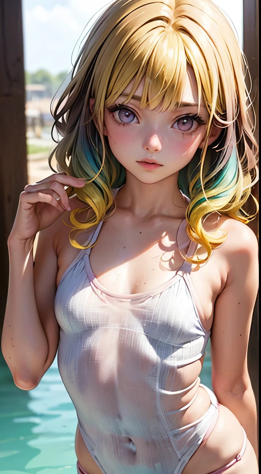 One woman, alone, alone Focus, Cowboy Shot, Portraiture,, Beaver,Half water color, Half Green, ((Brown Hair)), (Yellow Hair), (Gradient Hair :1.5), Curly Hair, ((Pink Eyes)), Ultra-detailed eyes, work, White knit, (Small TI quality, Very detailed,Swimwear,