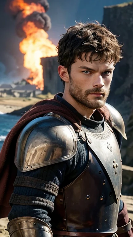 Portrait of a Viking warrior, Armored armor on stone shoulder , Jamie Dornan, very handsome and strong, strong and muscular, tanned and strong, dark short hair, brave warrior, similar to actor Jamie Dornan, standing in front of a burning village, cliffs, close up, attack pose and attitude.