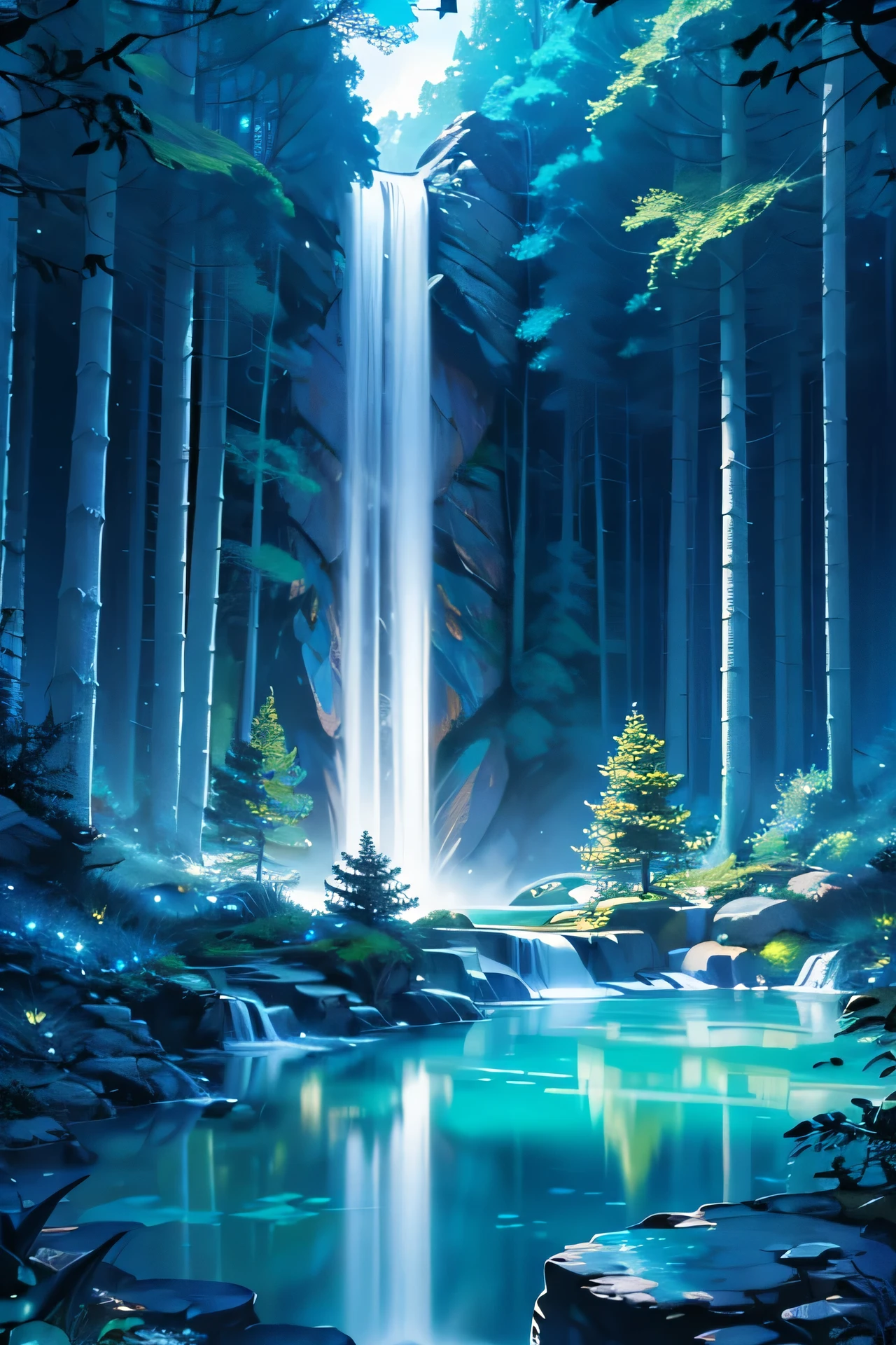 An enchanted forest where plants and trees shine with their own light, creating a landscape of vibrant colors and surreal shapes. In the center, a crystal clear waterfall cascades into a turquoise pool, reflecting the starry night sky.