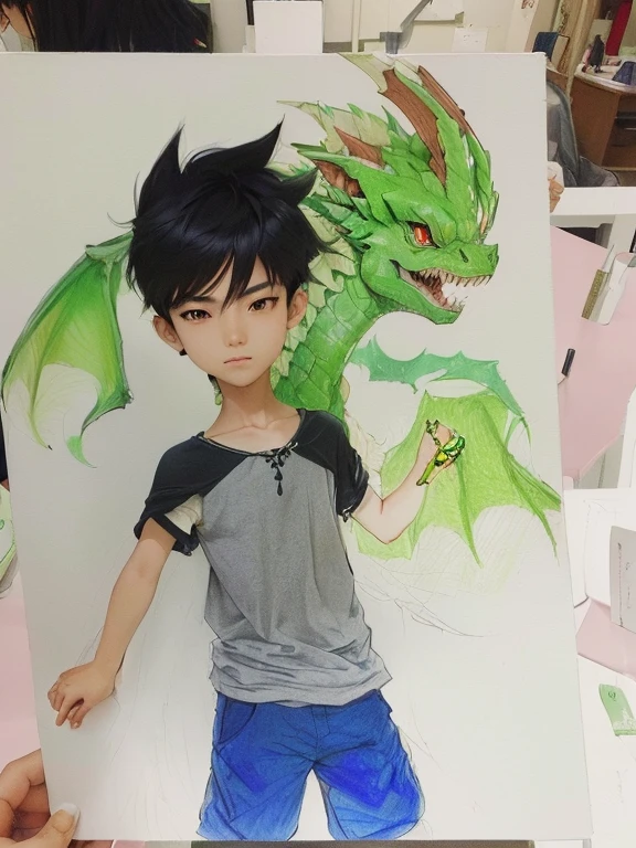 someone is holding a drawing of a boy with a green dragon, no estilo anime, an desenho de anime, em estilo anime, Japanese anime style, human and dragon fusion, por Yuki Ogura, inspirado em Ito Ogura Yonesuke, Tony Sart e um artista de anime, personagem de estilo anime, desenho de anime, desenho estilo anime