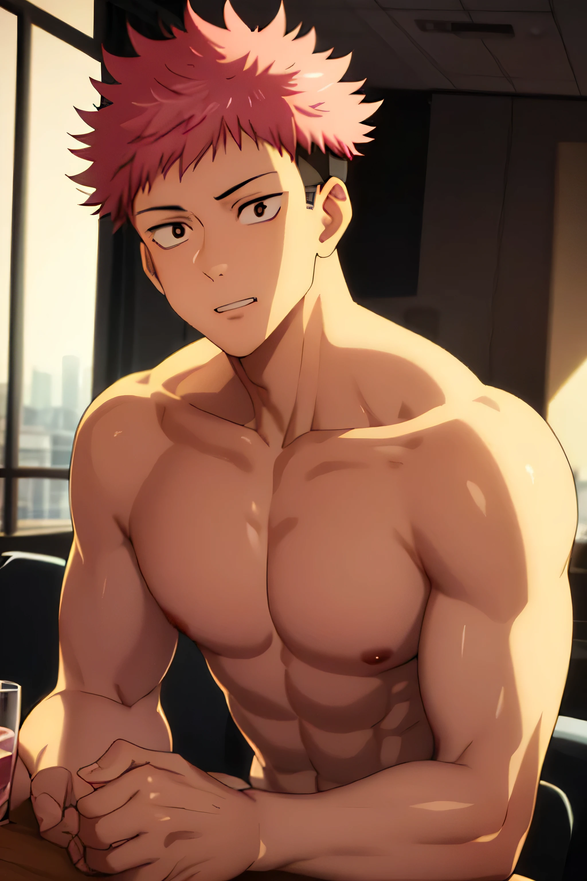 on face,Masterpiece, Best quality, High quality, 1boys, Solo, Male focus, (Board Pass_Yuuji),Pink hair,The shirt,Undercut,Facing the camera,Sit opposite,(dining room),looks into camera,arms back behind ,Smug,(Undressing),,musculature,chest muscle,Men's breasts,cleavage, wearing calvin klein underwear, underwear