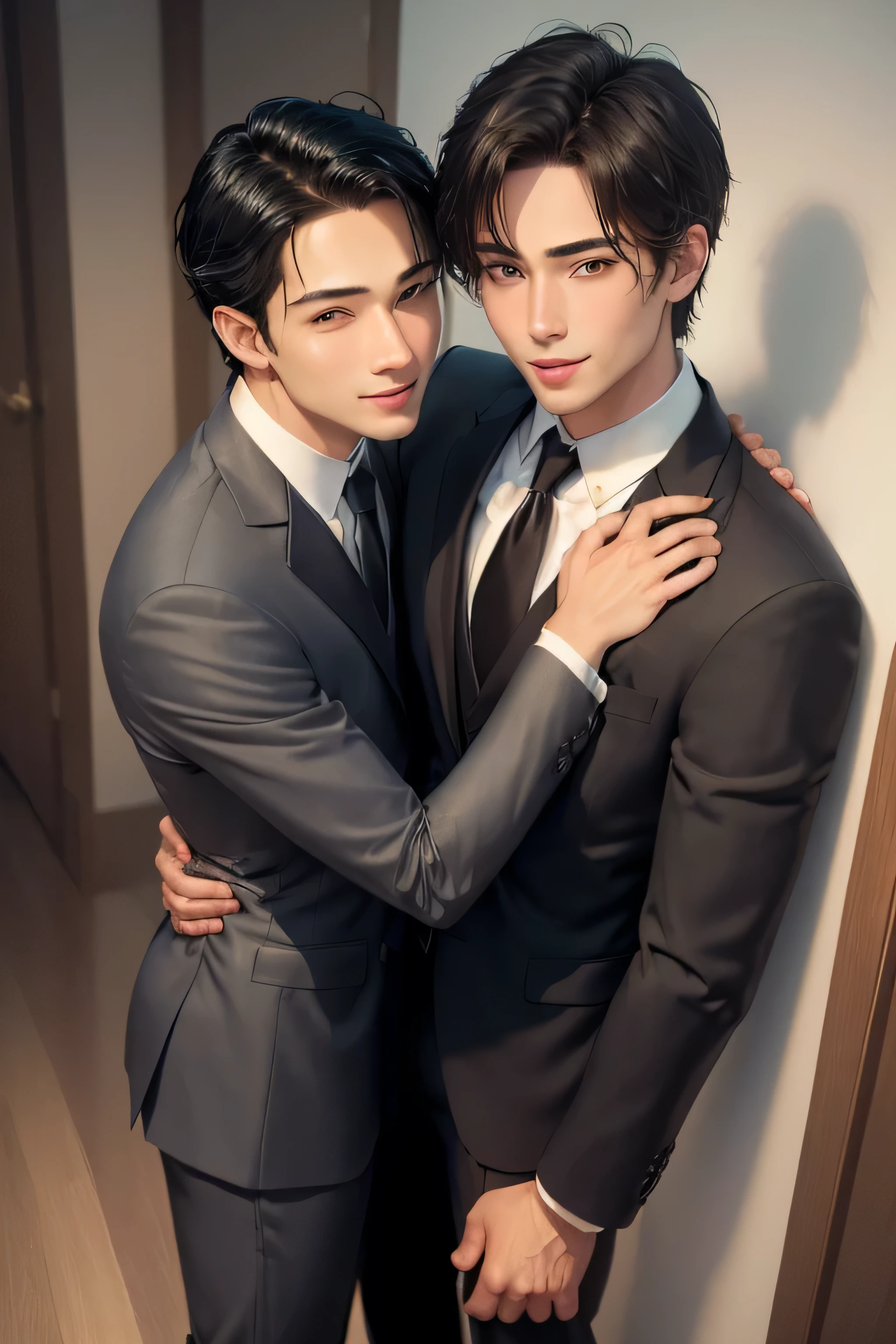 masterpiece, best quality, realistic. 2 man love each other. 1st man (male focus, mature, 1 tall muscular, handsome, smile, suit, portrait, extremely detailed face, (black hair), (short hair), (suit:1.3). 2nd man (male focus, cute, lovely, not tall, skinny, beautiful young boy, smile, potrait, extremely detailed face, short hair, (suit:1.3)). Sunset sky, dusk, hug obsessively