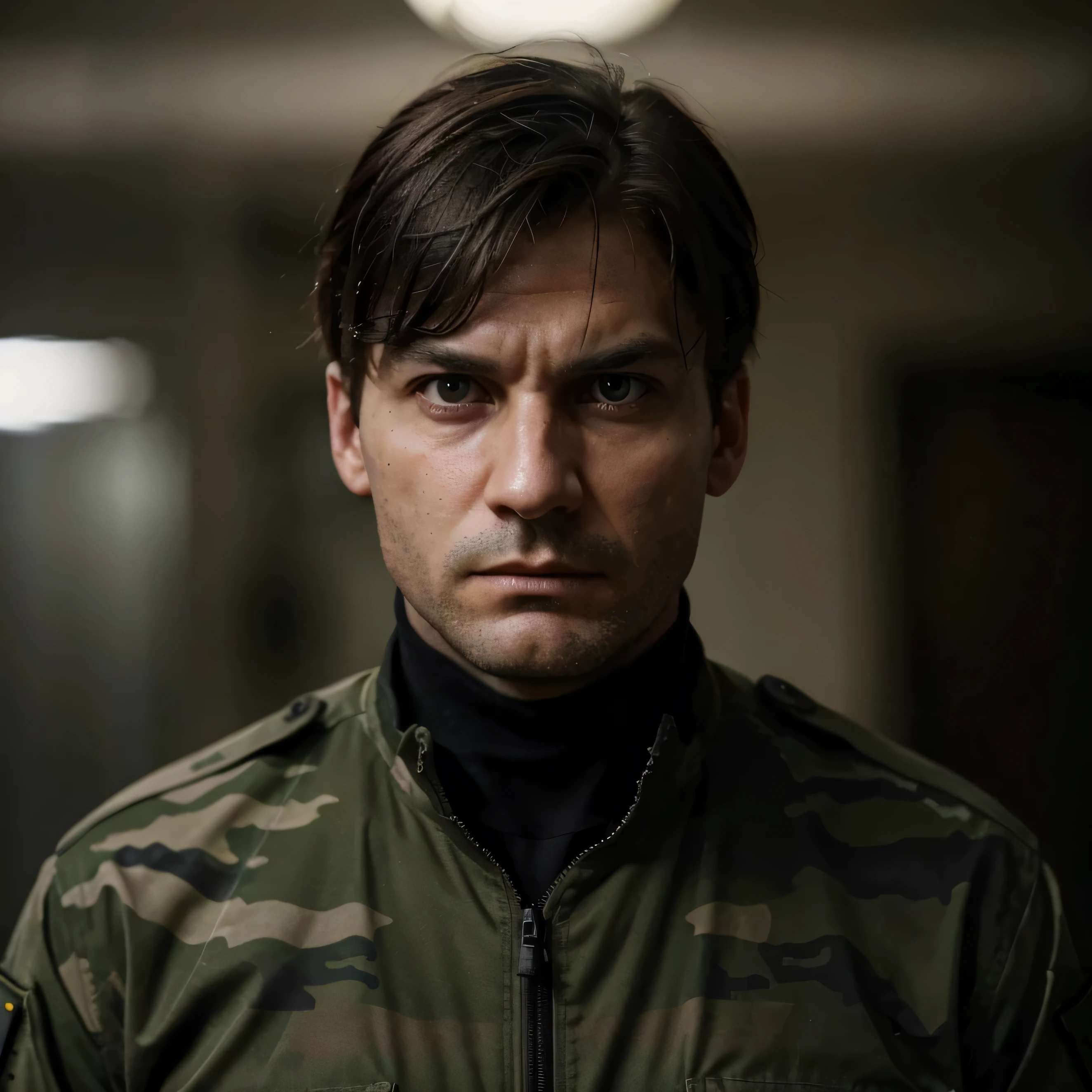 A ultra realistic portrait of a dark and dangerous KGB spy in a camouflaged uniform. The spy is depicted as a Caucasian male with a rugged, intense look, possibly in his late 30s. He wears a military-style camouflaged uniform, suitable for stealth operations. His hair is dark and slightly disheveled, and his eyes are deep and calculating, hinting at a life of covert missions. The background is a dense, shadowy forest at twilight, enhancing the mysterious and menacing aura. His expression is stern and vigilant, embodying a soldier prepared for any threat.