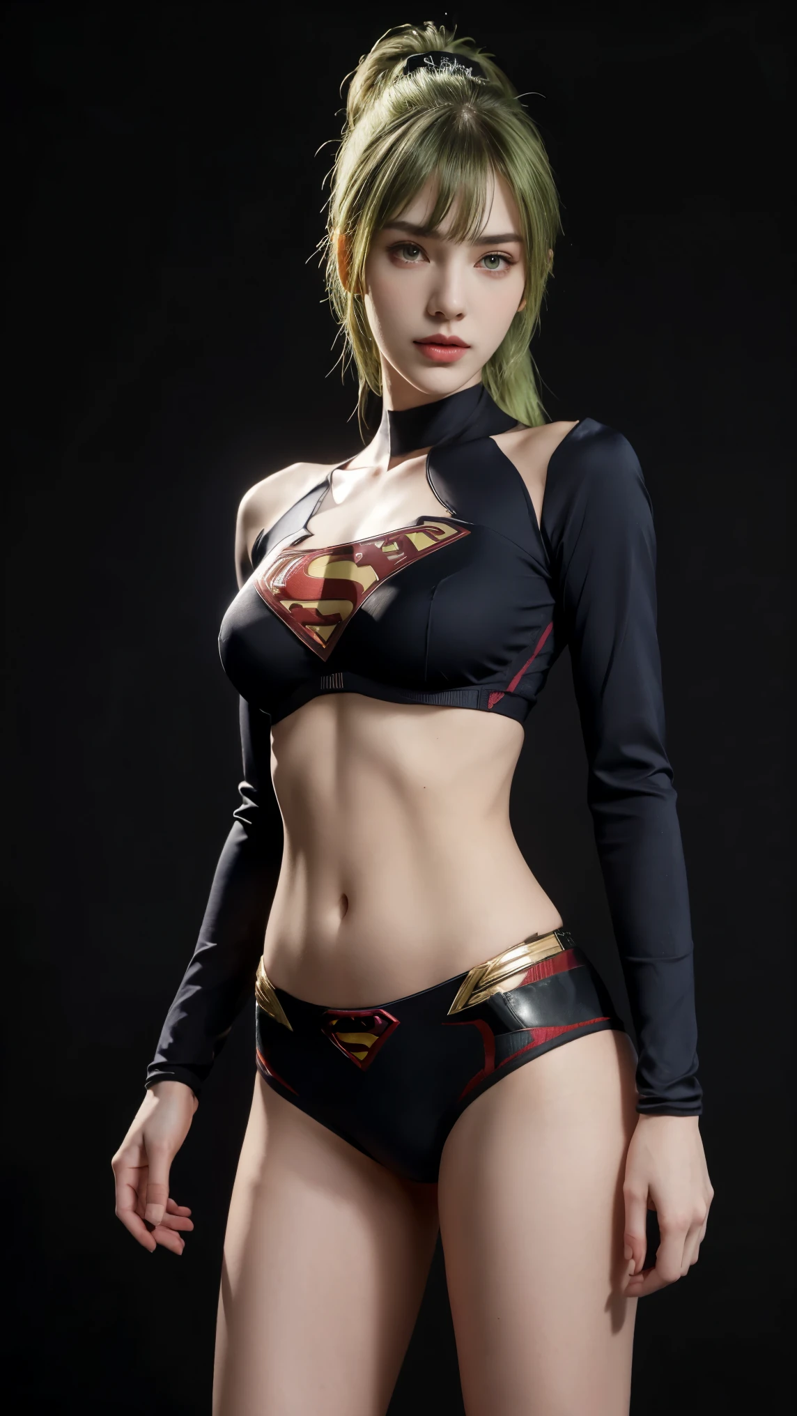 8K, Top Quality, Intricate Details, Ultra Detail, Ultra High Resolution, Masterpiece, close up shot, Slender,, ((Full body )), (Makeup: 0.4), (), , looking at viewer, ((full body)), 1girl, solo, 1 girl, (( )), , , ((tall)), (((fit body))), (((slim face))), sharp face , smile, (( green hair, bangs, long hair, high ponytail )) , (detailed face), sharp face, small lips, standing, feminine pose, , show belly ,, , ((, superman suit )), , ((detail belly )), detail fingers, detail hands, detailed face, detailed breast, huge breast, Narrow Waist, Skinny, 175 cm tall , Muscular, Navel, Exposed Abdomen, , large breast, , , Beautiful girl with accentuated slender abs: 1.4, Six Pack Abs: 1.4, Bust Botox,, Perfect Body, (( dark background)), black background,