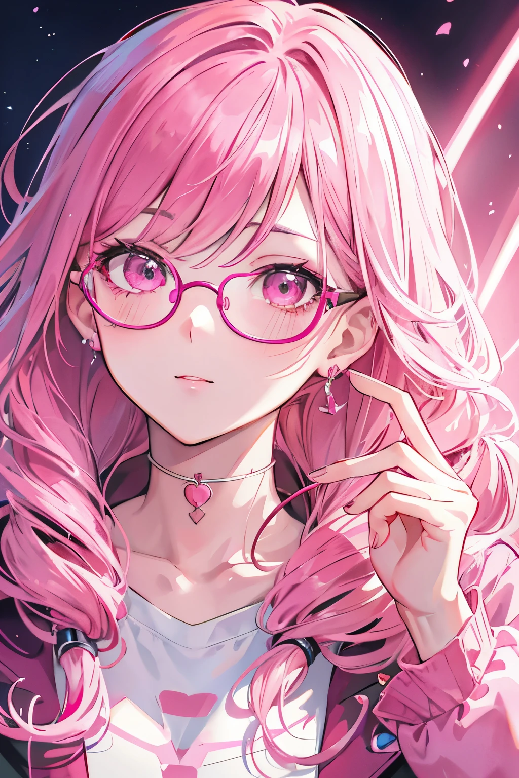 Close-up of a woman with pink hair wearing glasses, artwork in Guvez style, Guvez, kawaii realistic portrait, inspired by Seihiko-kun, glowing pink face, pink girl, beautiful anime portrait, pink glasses, glowing pink eyes, realistic anime 3 D style, Yanjuncheng, realistic anime art style, ((pink)8k