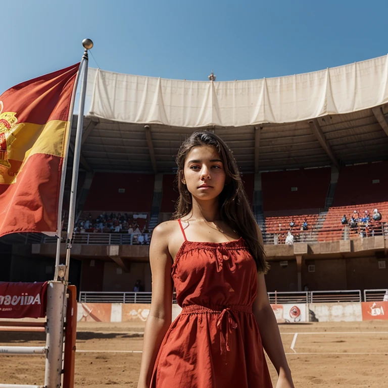 Photorealistic drawing of a  Spanish girl named isabella, wearing a red summer dress cheering at the bull fight, looking down towards the arena from the stands, Spanish flags waving in the breeze. 