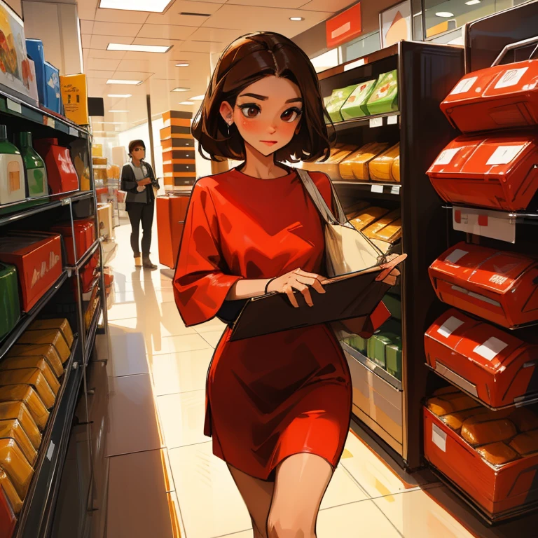 Brown haired woman, sexy, red dress, Brown eyes, compras