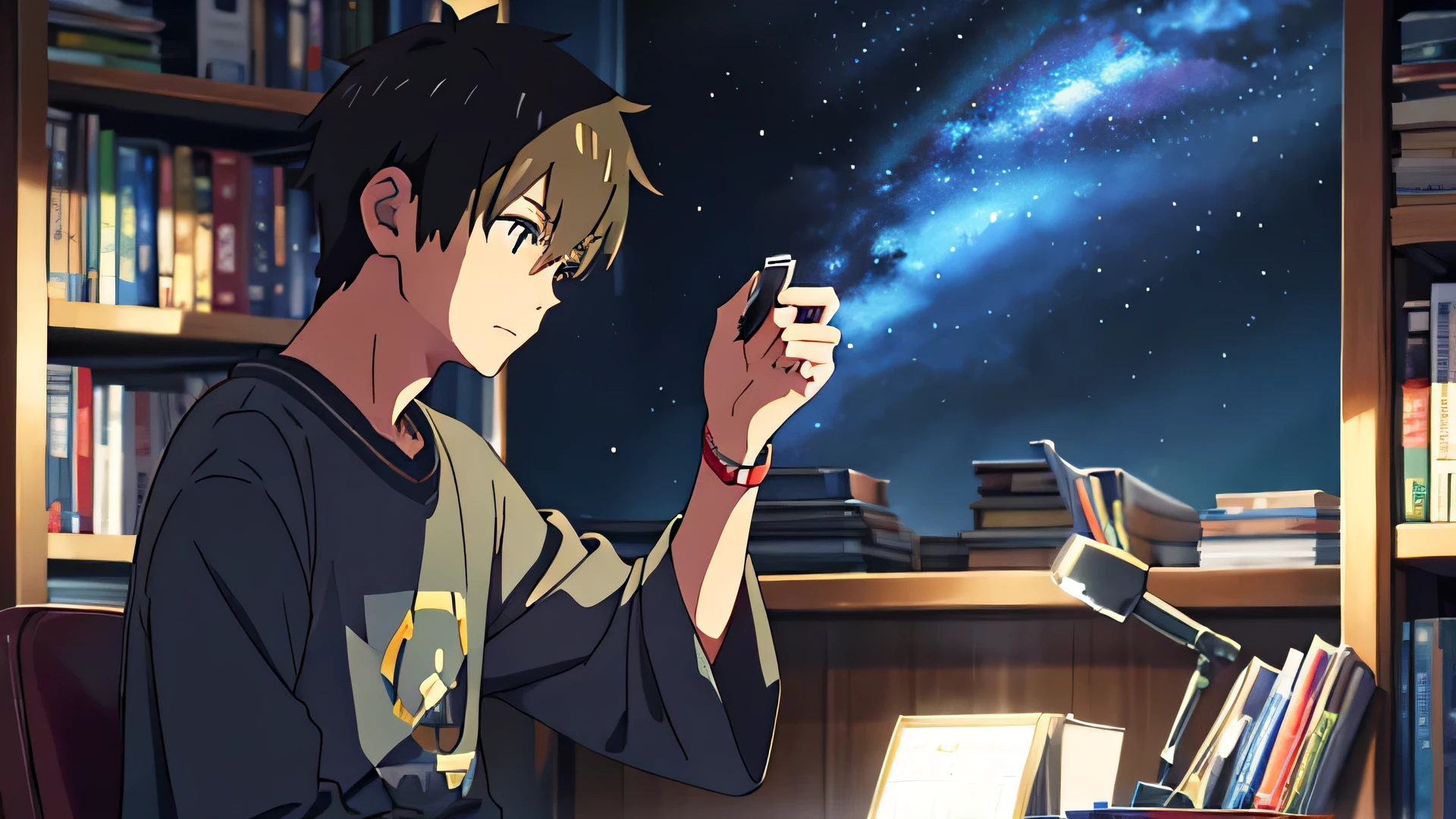 Boy listening to music with headphoneachine、Bookshelf、Starry Sky、makoto shinkai