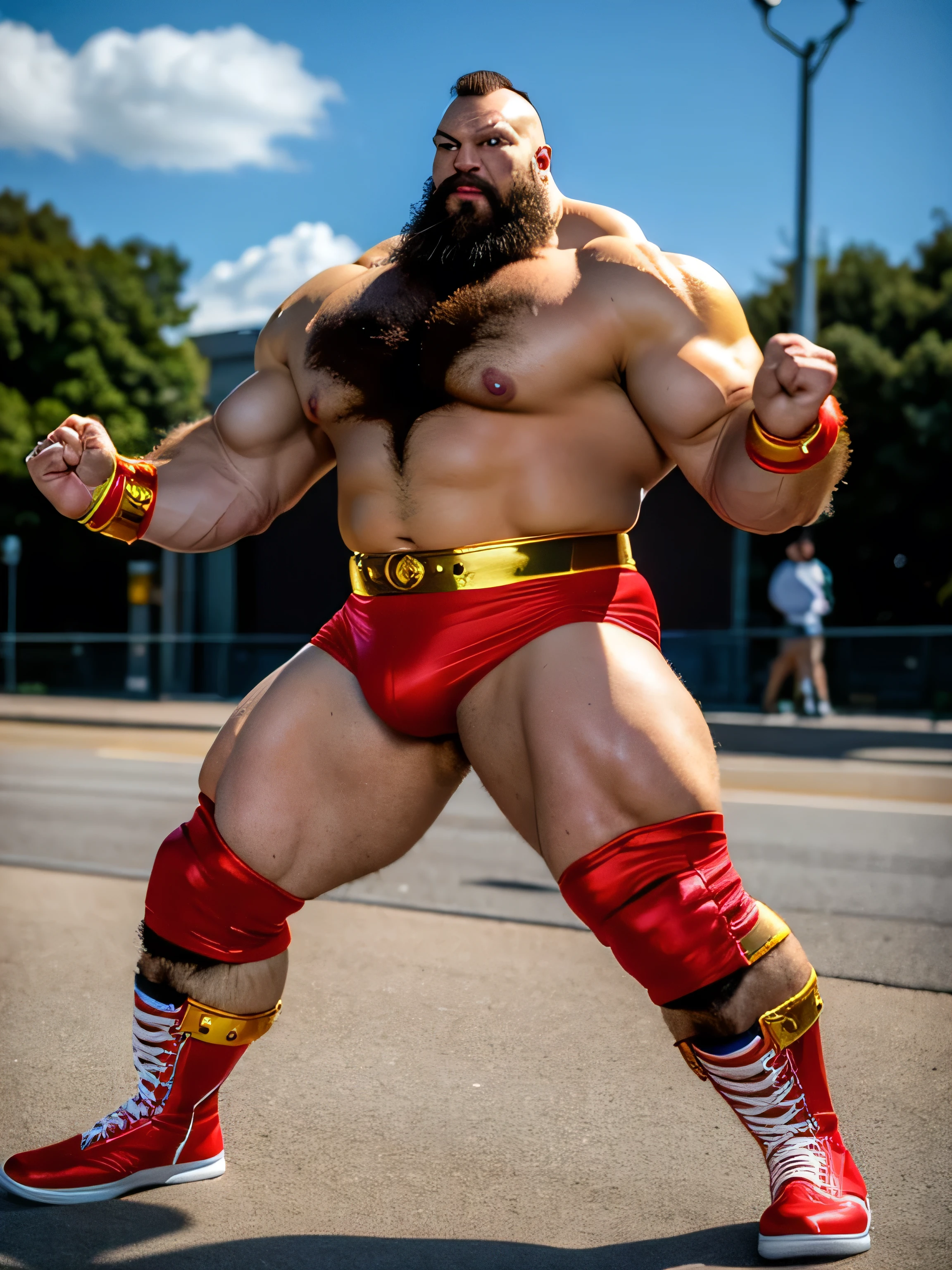 zangief,a man with a beard and a golden belt, fighting game character, street fighter 5,muscled humanoid,heavy looking,buff man,wrestler,Red short briefs,capcom,street fighter,shirtless,muscular male,chest hair,visually weighty,bearded man,mohawk hair,no wristband,Red Wrestling Boots,best quality