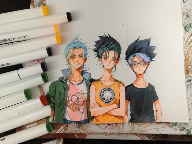 there are three anime characters drawn on a piece of paper, desenho colorido, colorful drawing anime manga panel, tinta preta & marcadores copicos, em estilo anime, desenho estilo anime, in the art style of 80s anime, no estilo anime, inspirado em Eiichiro Oda, fanart de alta qualidade, arte detalhada, pencil and ink manga drawing, desenho de anime