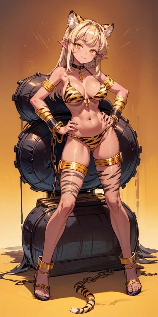 (Masterpiece, best quaility, 4k) (black gyaru darkest skin) (pointy ears) (tiger tail) (Holli Would) wearing yellowish tiger print bikini, hands on hips, full body kneeling, golden = (shackles wristbands, chains, bracers, handcuffs) leather collar choker, metal sandals, big knockers, happy closed mouth red cheeks