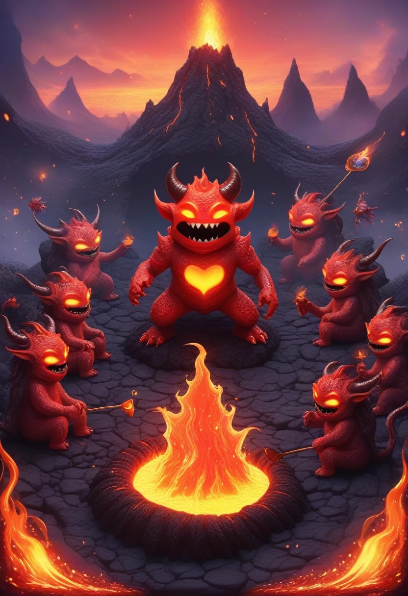 cute lava demon gathering in lave happy marriage party, depht of field, the image is so fun magical an fantasy, extremely detailed with touch of sci-fi