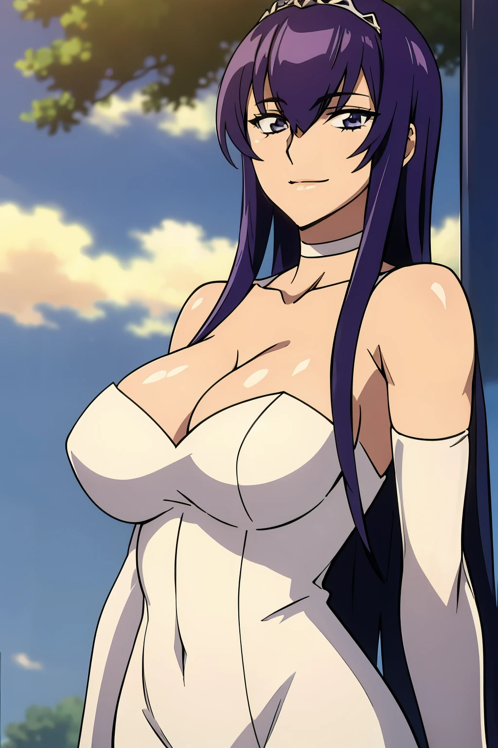 saeko busujima, hair between eyes, ahoge, purple hair, star \(symbol\), hair ornament, dress, cleavage, bare shoulders, collarbone, long white elbow gloves, white gloves, white dress, white choker, strapless, tiara, veil, strapless dress, wedding dress, bridal veil, beautiful woman, perfect body, perfect breasts, wearing a wedding dress, ball gown, in the park trees, wedding decorations, a in love smile, realism, masterpiece, textured skin, super detail, high detail, high quality, best quality, 1080p, 16k